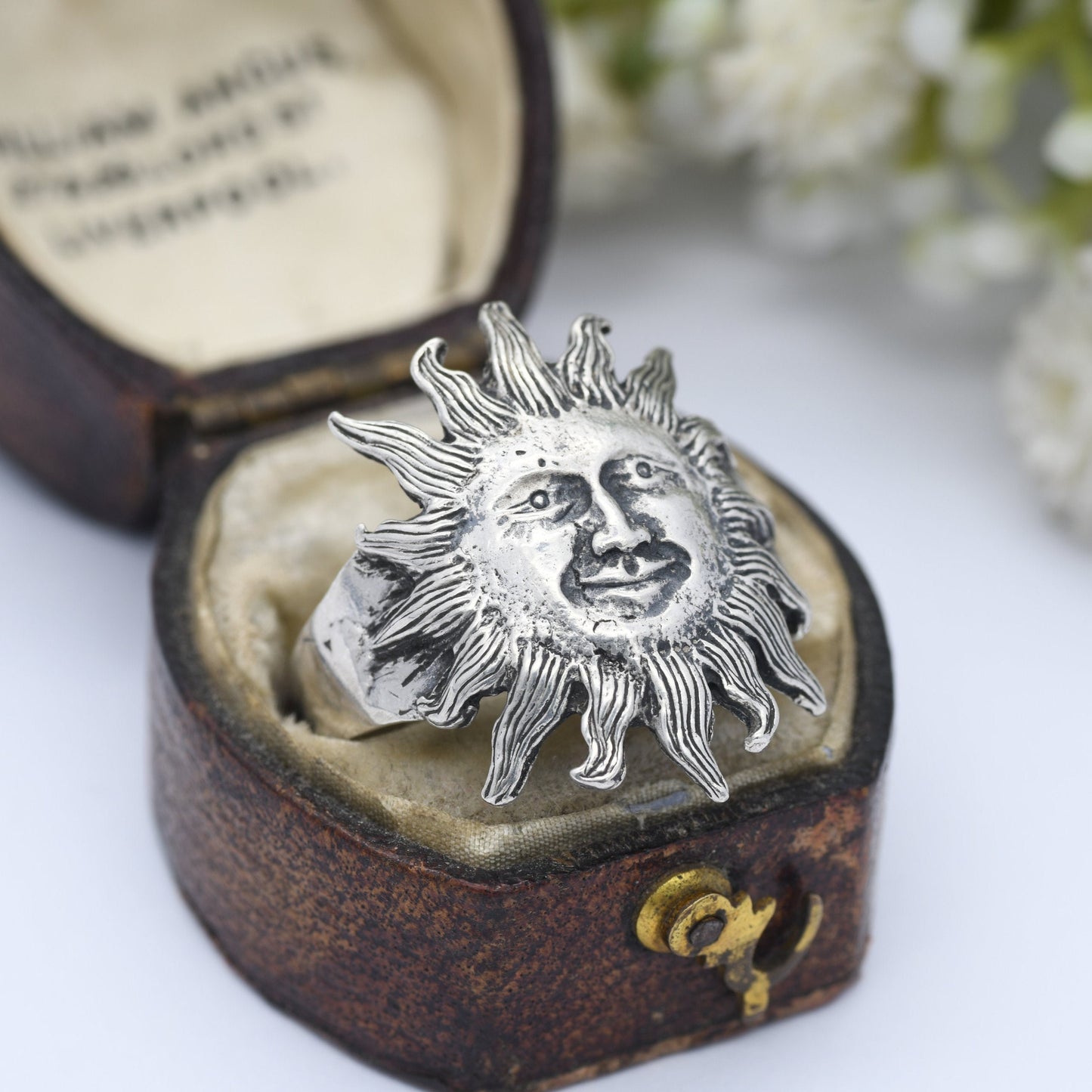 Vintage Sterling Silver Sun Face Ring - Unusual Statement Jewellery | Large Unisex Mid-Century Mask | UK Size - U | US Size - 10