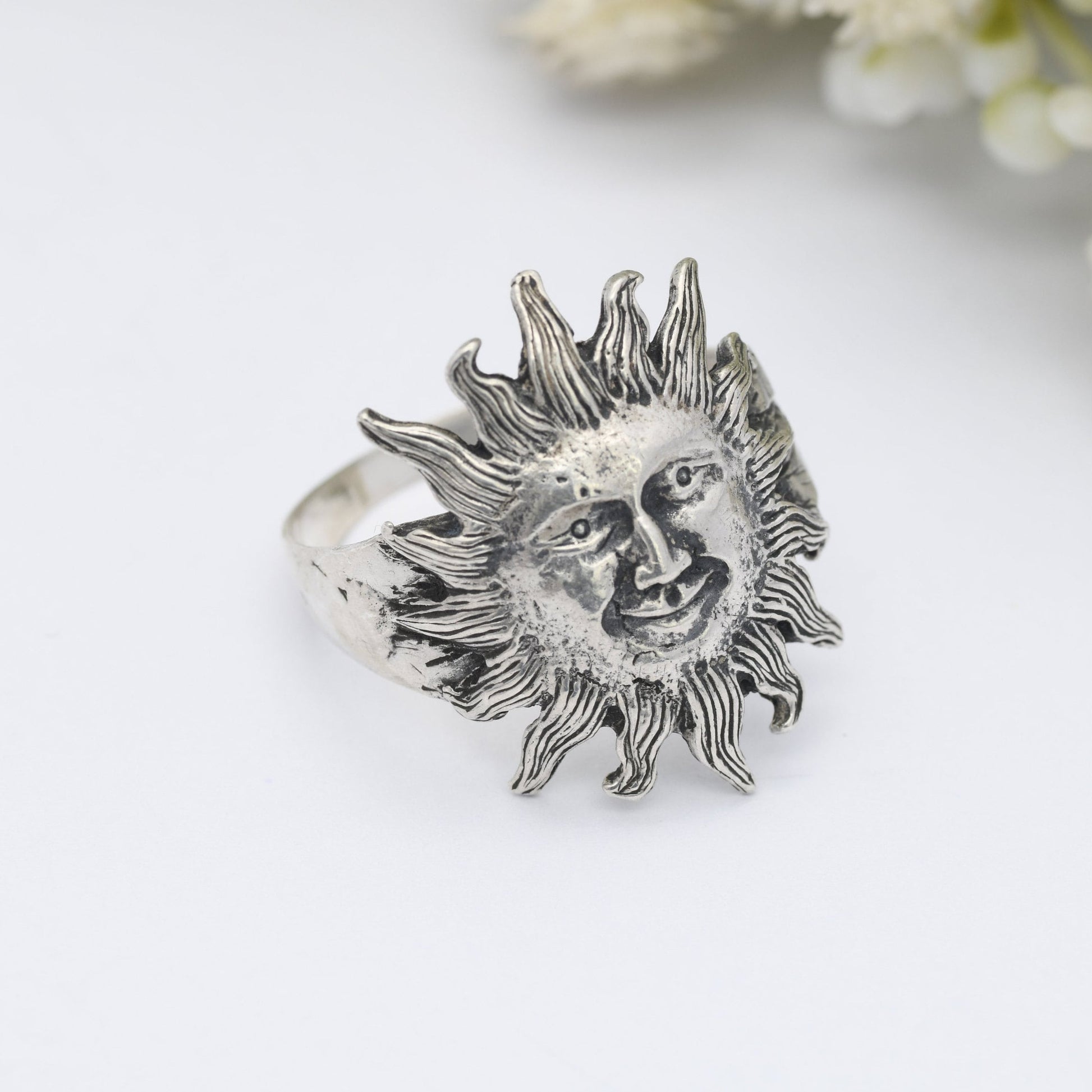 Vintage Sterling Silver Sun Face Ring - Unusual Statement Jewellery | Large Unisex Mid-Century Mask | UK Size - U | US Size - 10