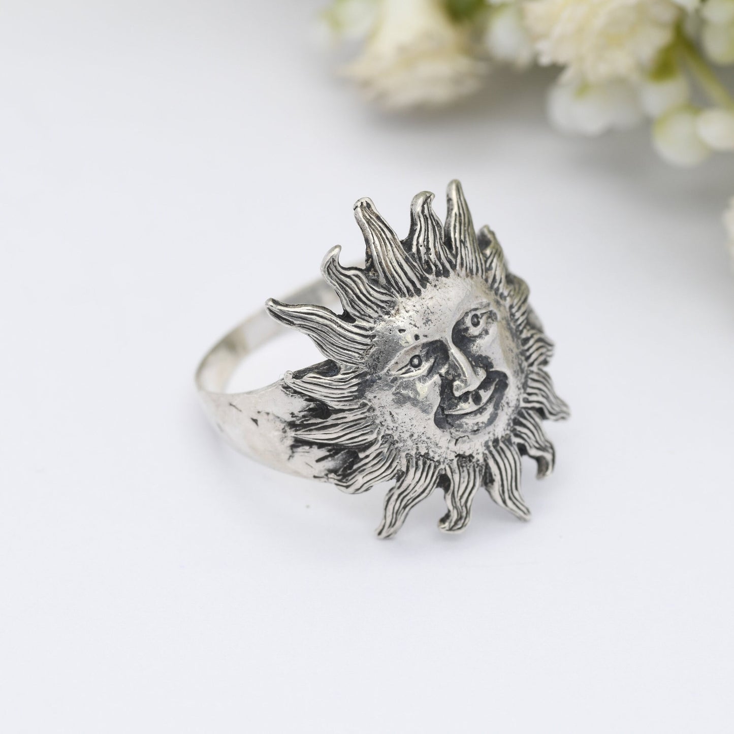 Vintage Sterling Silver Sun Face Ring - Unusual Statement Jewellery | Large Unisex Mid-Century Mask | UK Size - U | US Size - 10