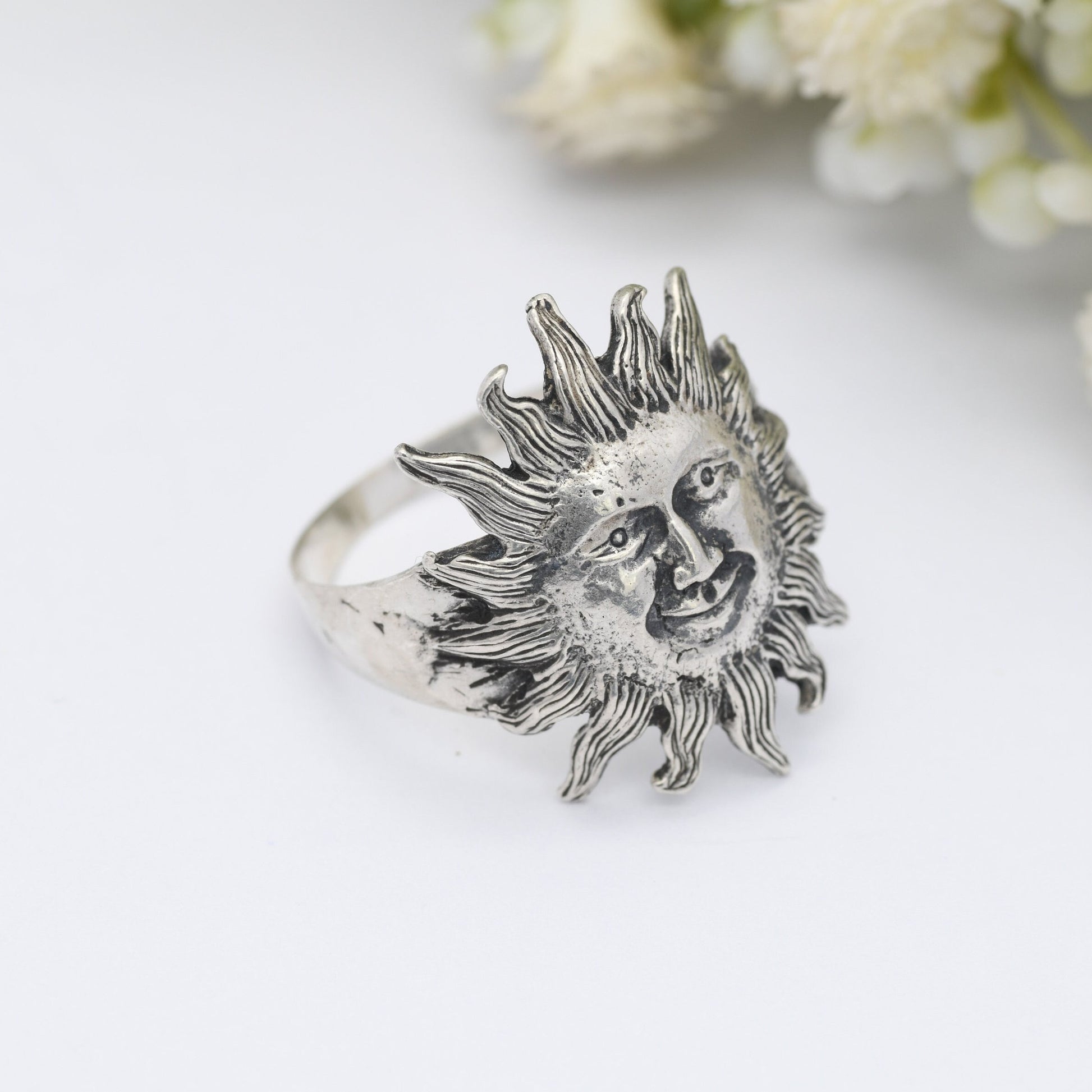 Vintage Sterling Silver Sun Face Ring - Unusual Statement Jewellery | Large Unisex Mid-Century Mask | UK Size - U | US Size - 10