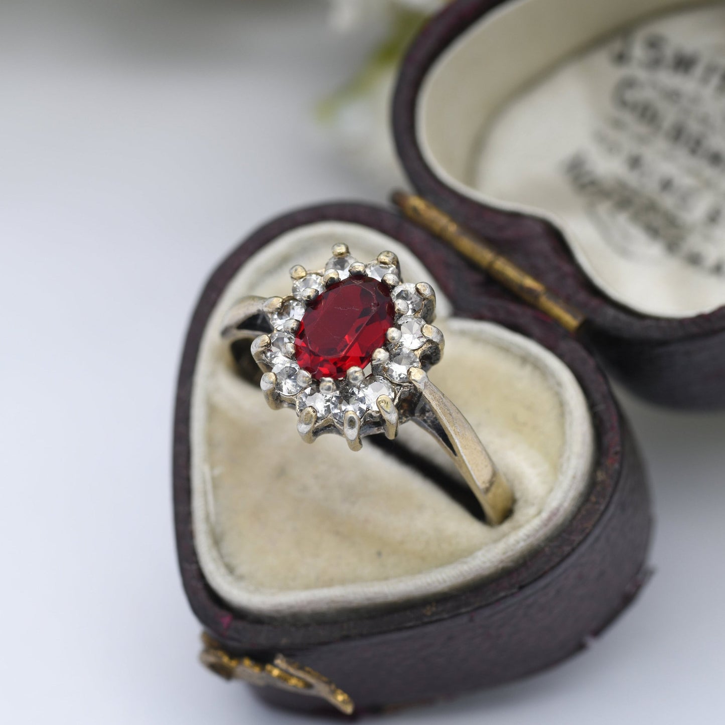 Vintage Gold Plated Sterling Silver Halo Flower Ring 1977 - Statement Cocktail Ring with Red and White CZ | UK Size - Q | US Size - 8