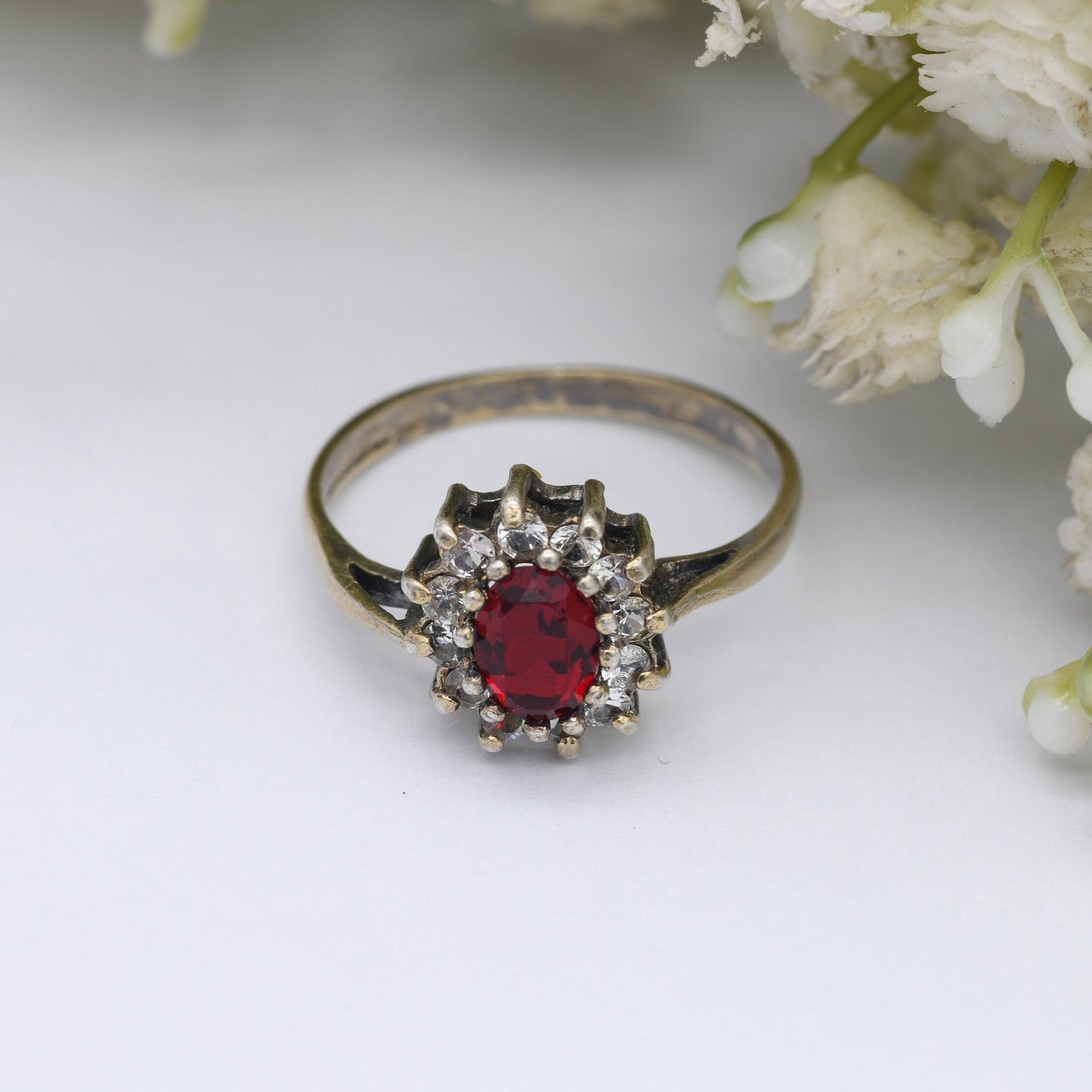 Vintage Gold Plated Sterling Silver Halo Flower Ring 1977 - Statement Cocktail Ring with Red and White CZ | UK Size - Q | US Size - 8