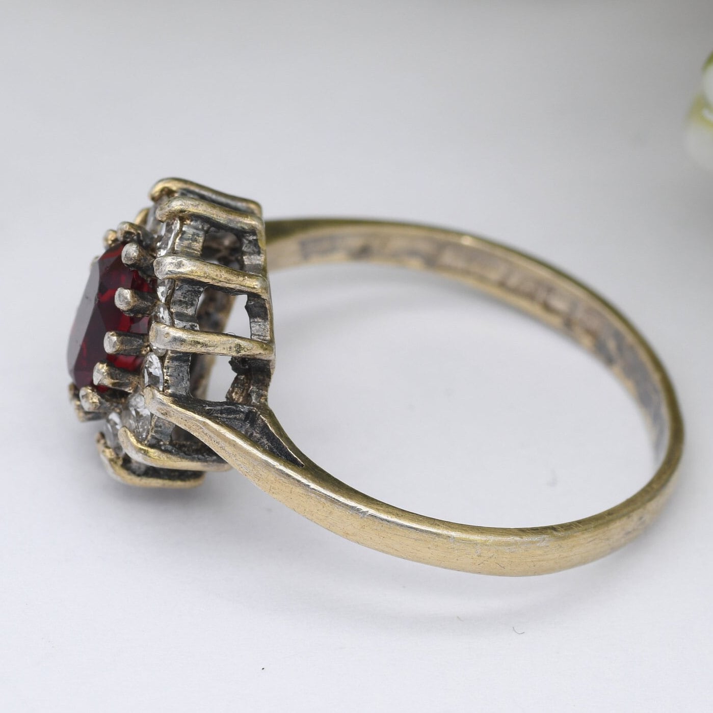 Vintage Gold Plated Sterling Silver Halo Flower Ring 1977 - Statement Cocktail Ring with Red and White CZ | UK Size - Q | US Size - 8