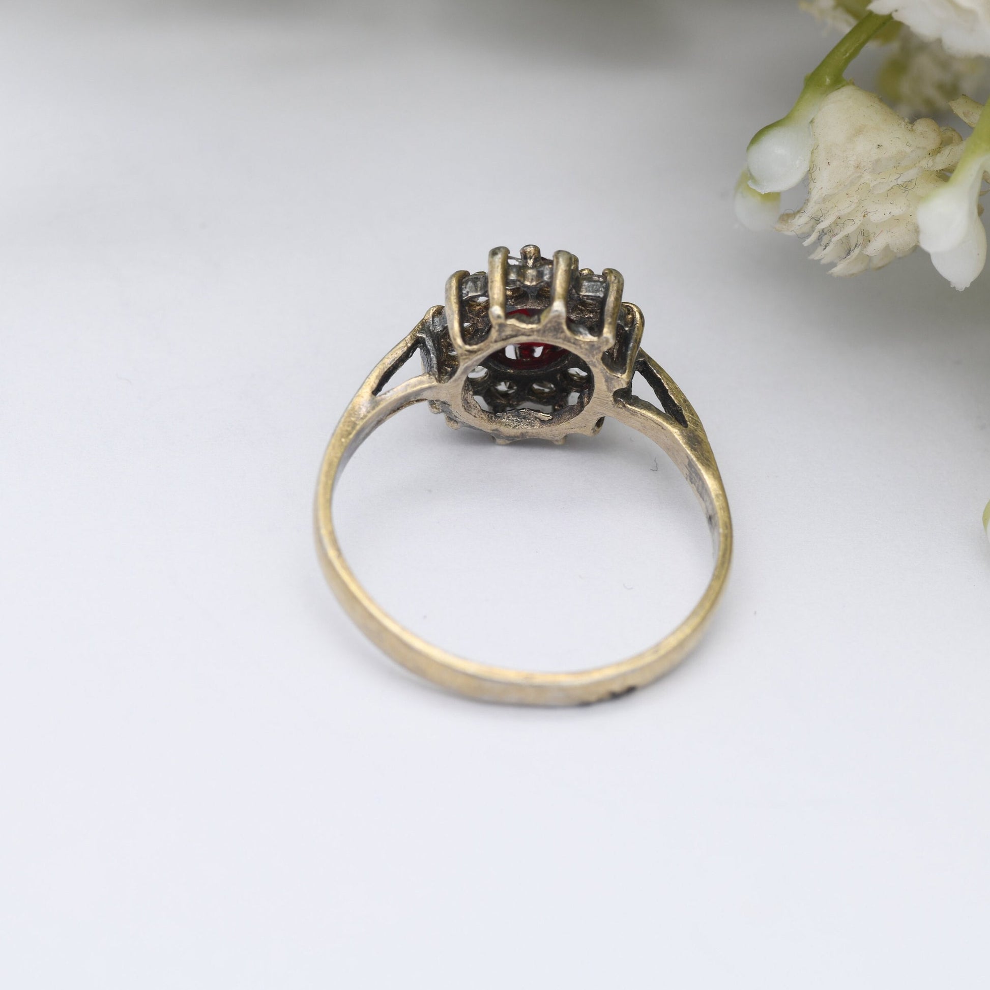 Vintage Gold Plated Sterling Silver Halo Flower Ring 1977 - Statement Cocktail Ring with Red and White CZ | UK Size - Q | US Size - 8