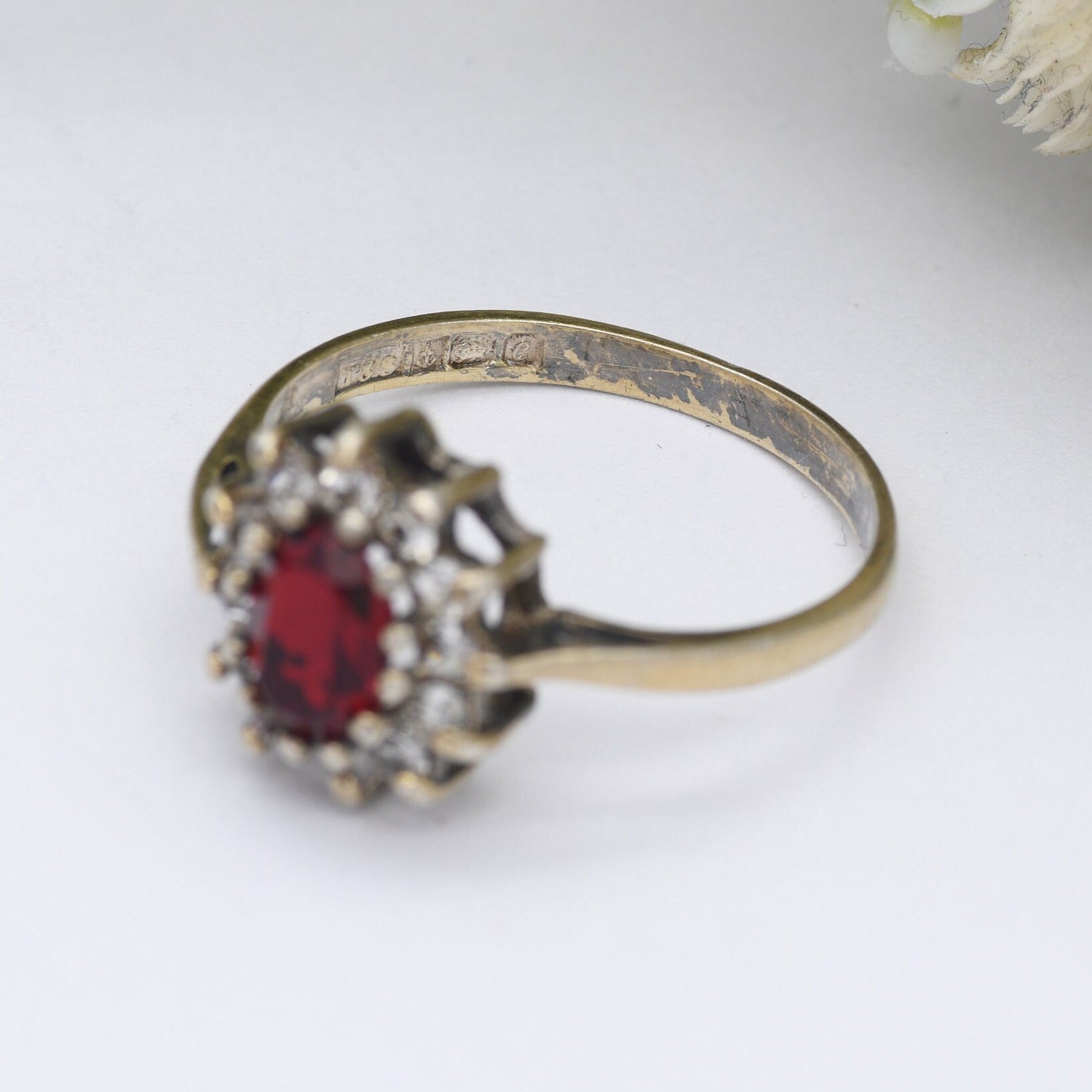 Vintage Gold Plated Sterling Silver Halo Flower Ring 1977 - Statement Cocktail Ring with Red and White CZ | UK Size - Q | US Size - 8