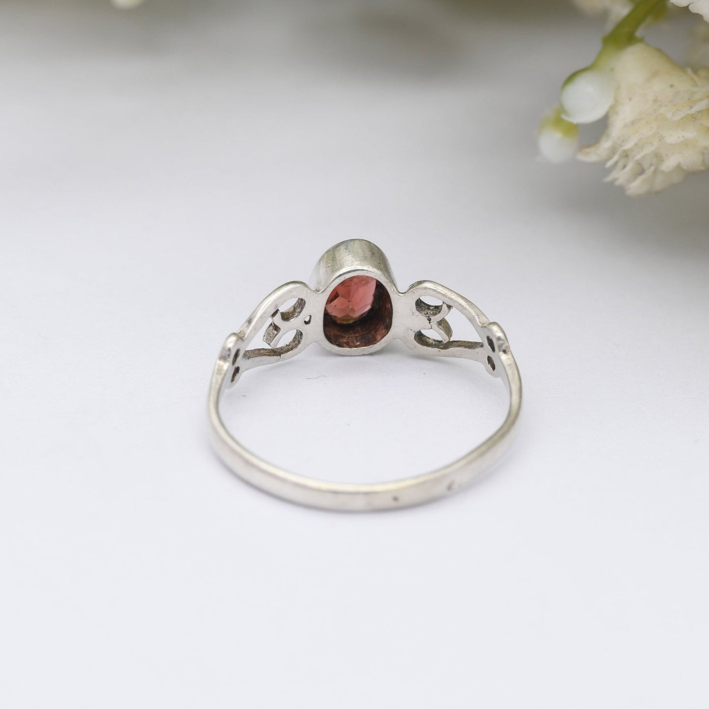 Vintage Silver and Garnet Ring - Openwork Love Heart Shoulders | Red Stone Solitaire | UK Size - N 1/2 / US Size - 6 1/2