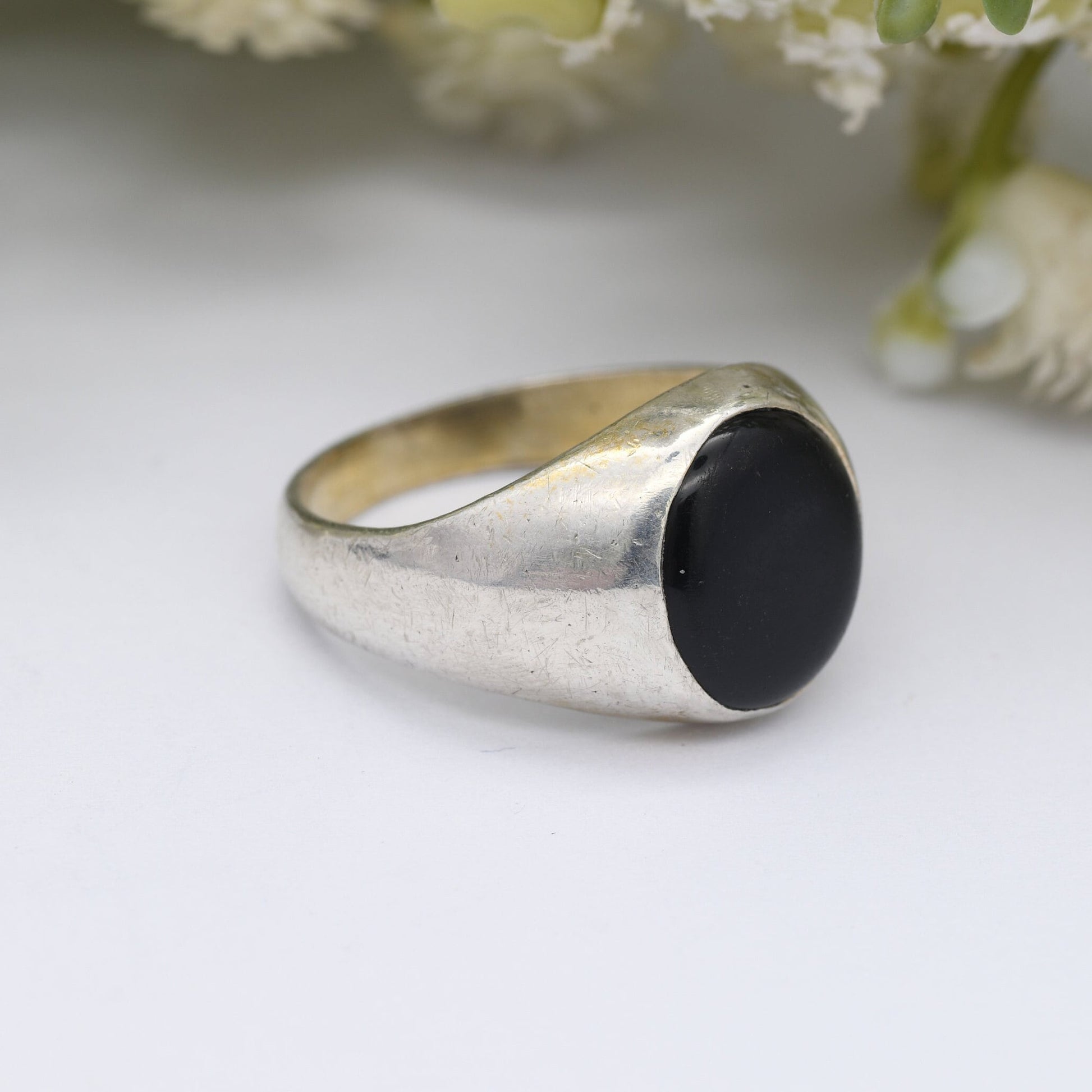 Vintage Sterling Silver Onyx Signet Ring - Large Black Stone | Circle Cabochon | UK Size - N 1/2 | US Size - 7