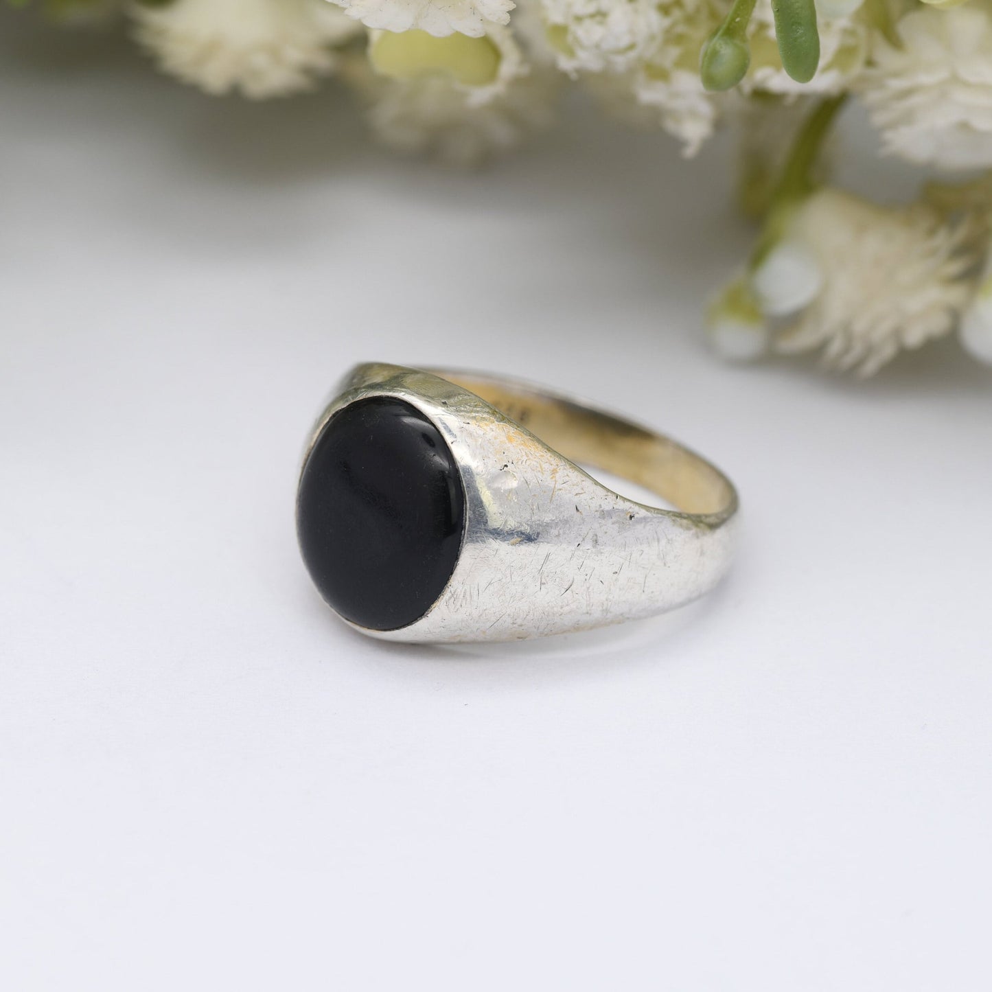 Vintage Sterling Silver Onyx Signet Ring - Large Black Stone | Circle Cabochon | UK Size - N 1/2 | US Size - 7