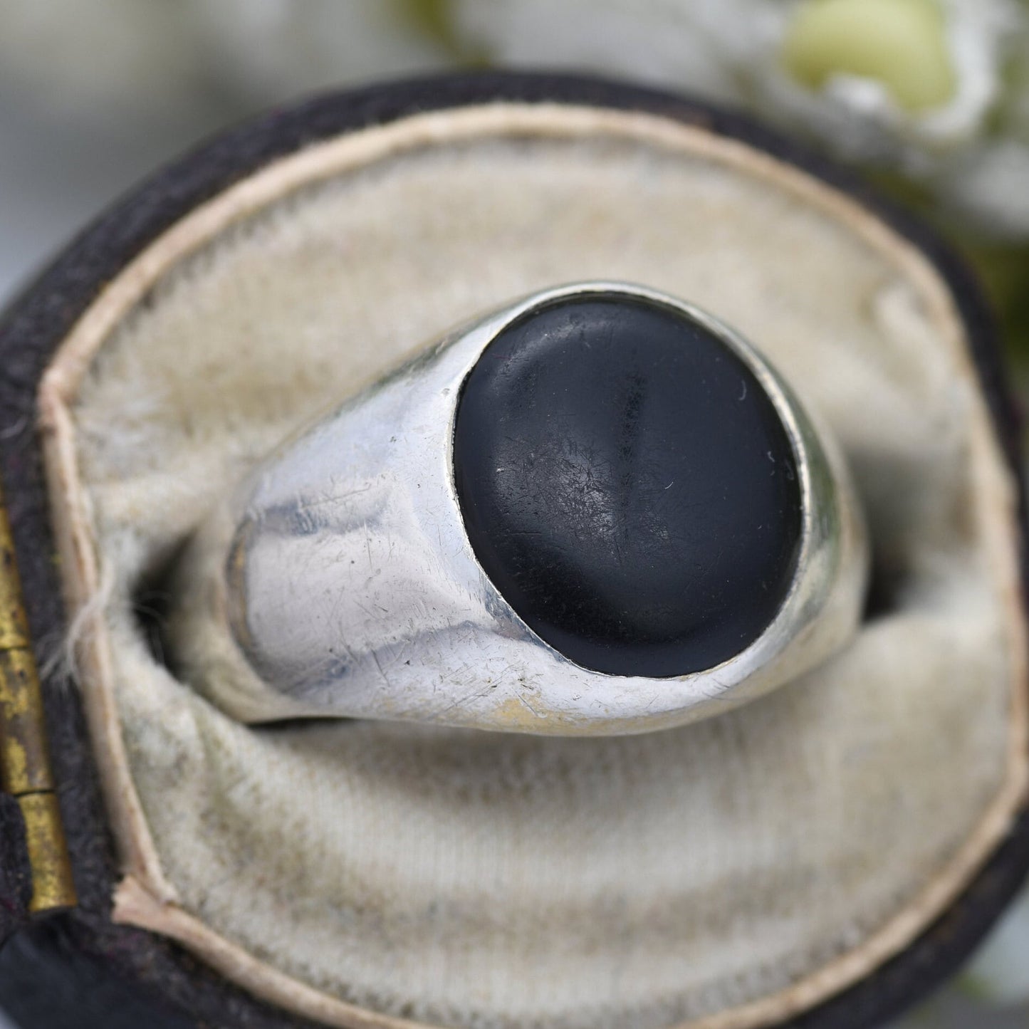 Vintage Sterling Silver Onyx Signet Ring - Large Black Stone | Circle Cabochon | UK Size - N 1/2 | US Size - 7