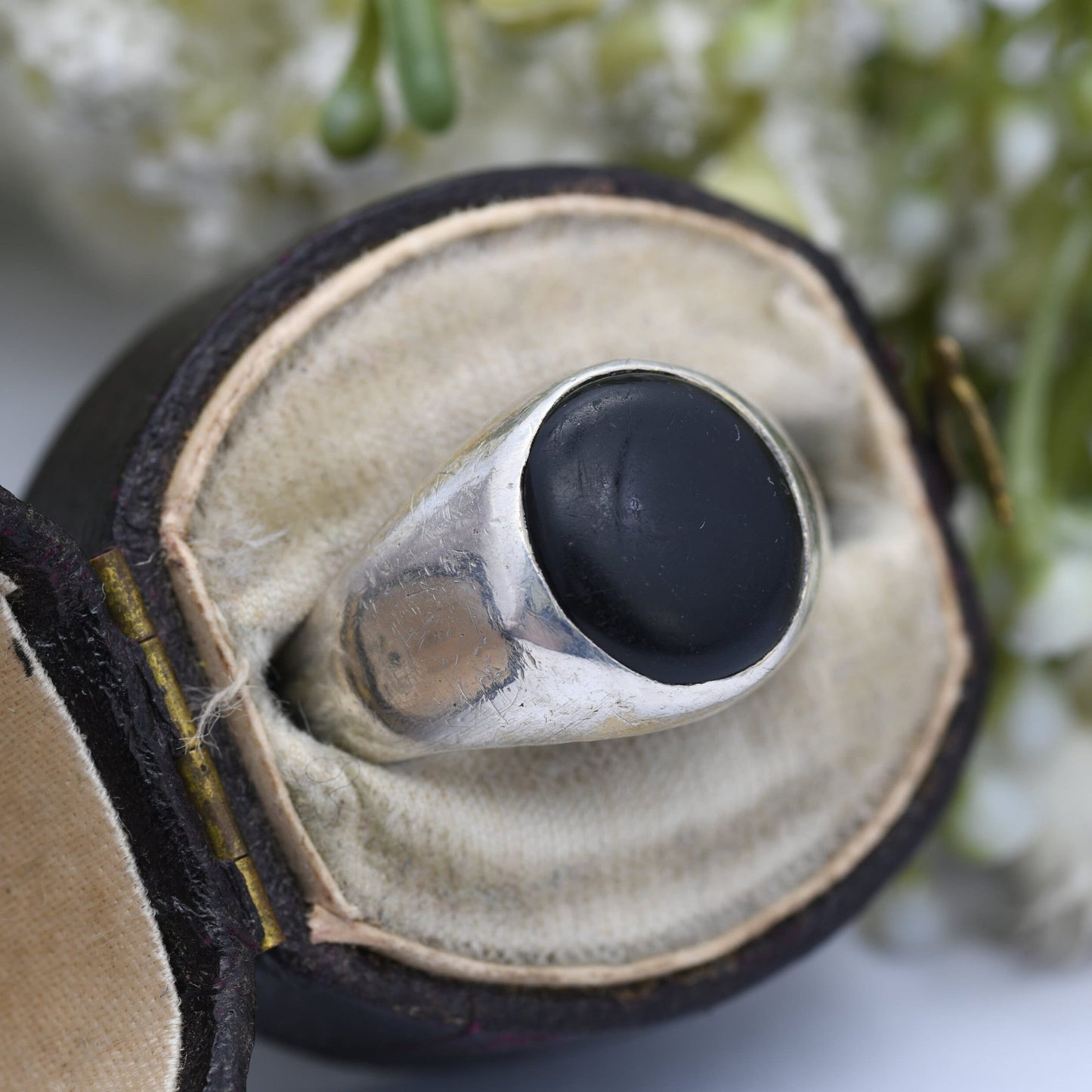 Vintage Sterling Silver Onyx Signet Ring - Large Black Stone | Circle Cabochon | UK Size - N 1/2 | US Size - 7