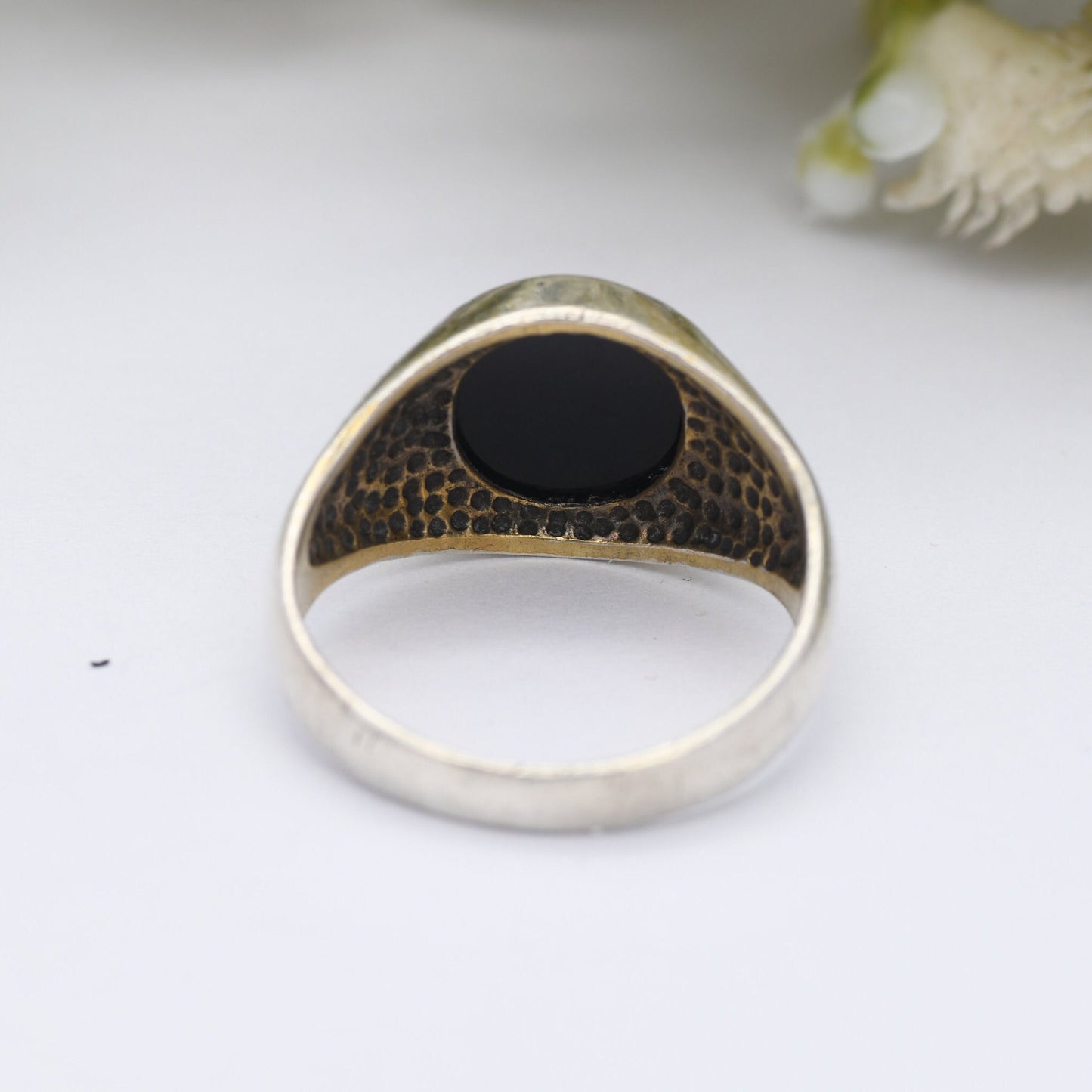 Vintage Sterling Silver Onyx Signet Ring - Large Black Stone | Circle Cabochon | UK Size - N 1/2 | US Size - 7