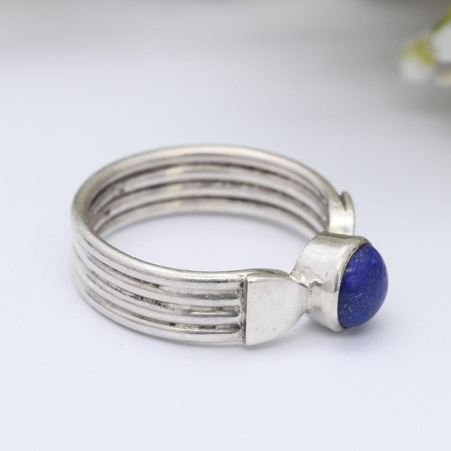 Sterling Silver Lapis Lazuli Ring Vintage - Circle Blue Gemstone Cabochon | UK Size - R | US Size - 8 1/2