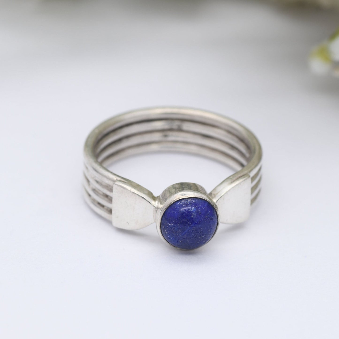 Sterling Silver Lapis Lazuli Ring Vintage - Circle Blue Gemstone Cabochon | UK Size - R | US Size - 8 1/2