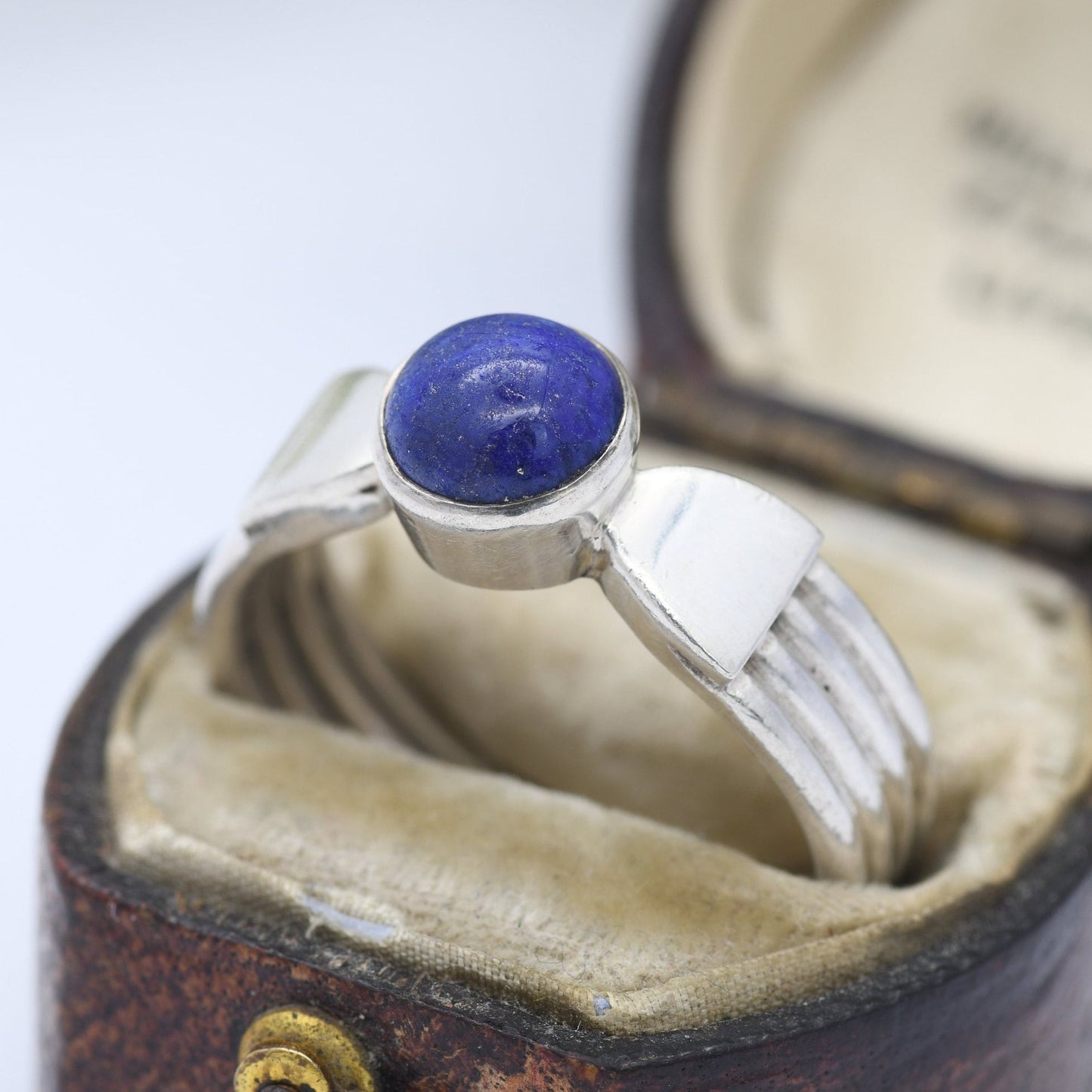 Sterling Silver Lapis Lazuli Ring Vintage - Circle Blue Gemstone Cabochon | UK Size - R | US Size - 8 1/2