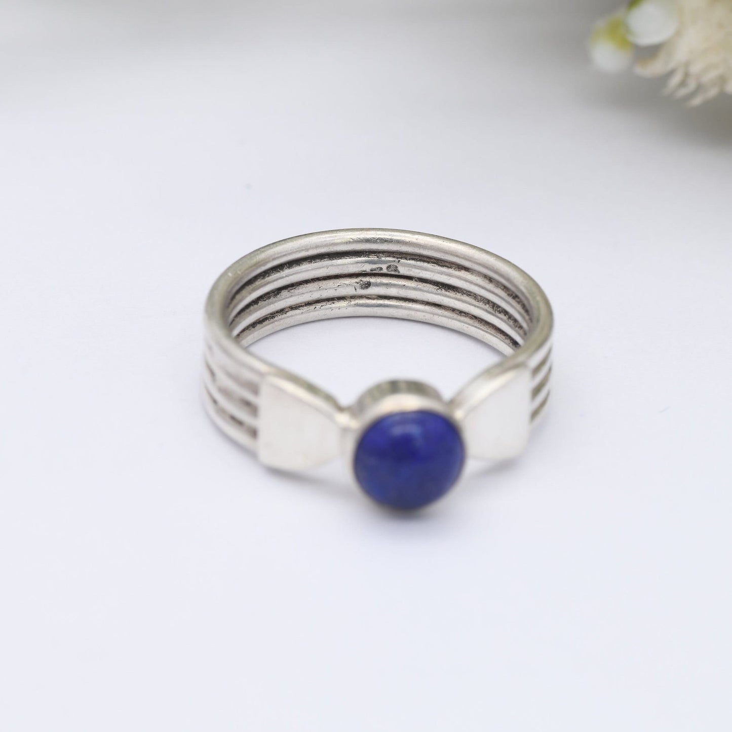 Sterling Silver Lapis Lazuli Ring Vintage - Circle Blue Gemstone Cabochon | UK Size - R | US Size - 8 1/2