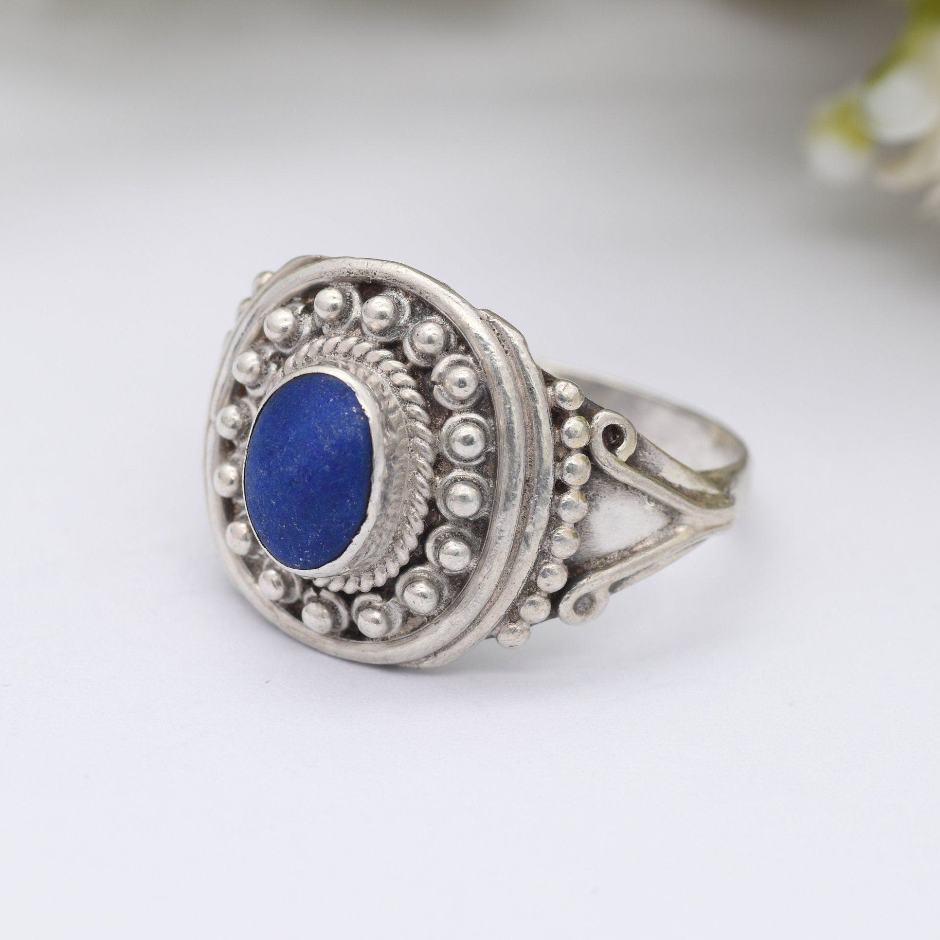 Vintage Sterling Silver Lapis Lazuli Ring - Ornate Rope Twist Granulated Design | Statement Jewellery | UK Size - R 1/2 | US Size - 9