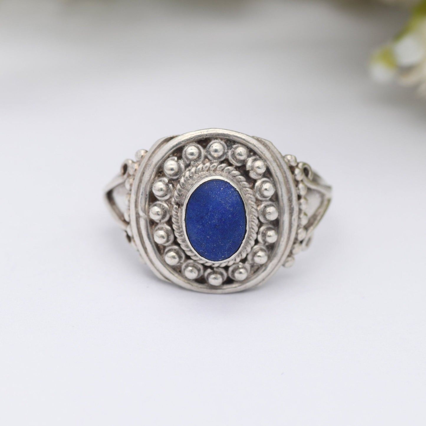 Vintage Sterling Silver Lapis Lazuli Ring - Ornate Rope Twist Granulated Design | Statement Jewellery | UK Size - R 1/2 | US Size - 9