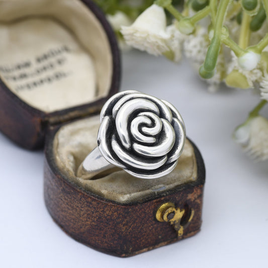 Vintage Sterling Silver Rose Ring - Modernist Chunky Flower Floral Shape | UK Size - R 1/2 | US Size - 8 3/4