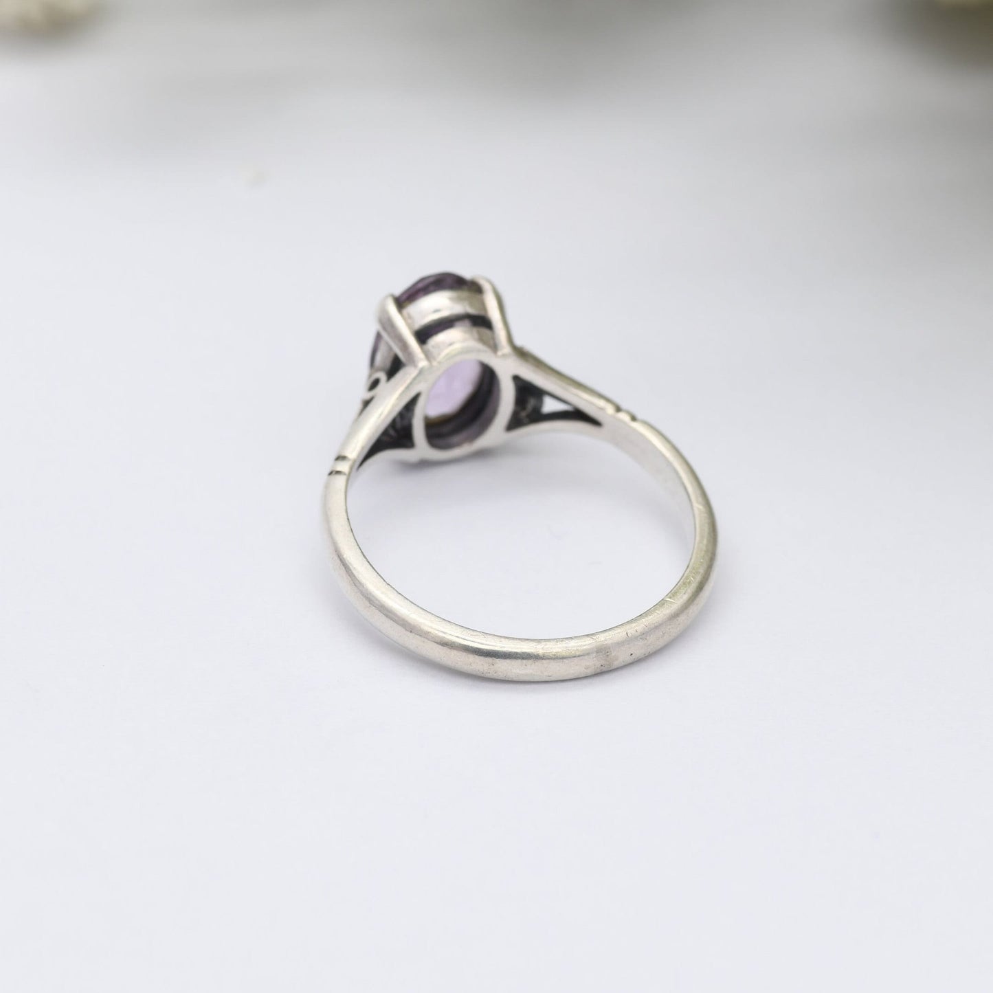 Vintage Sterling Silver Amethyst Ring - Dainty Solitaire | Large Purple Stone | UK Size - M 1/2 | US Size - 6 1/2