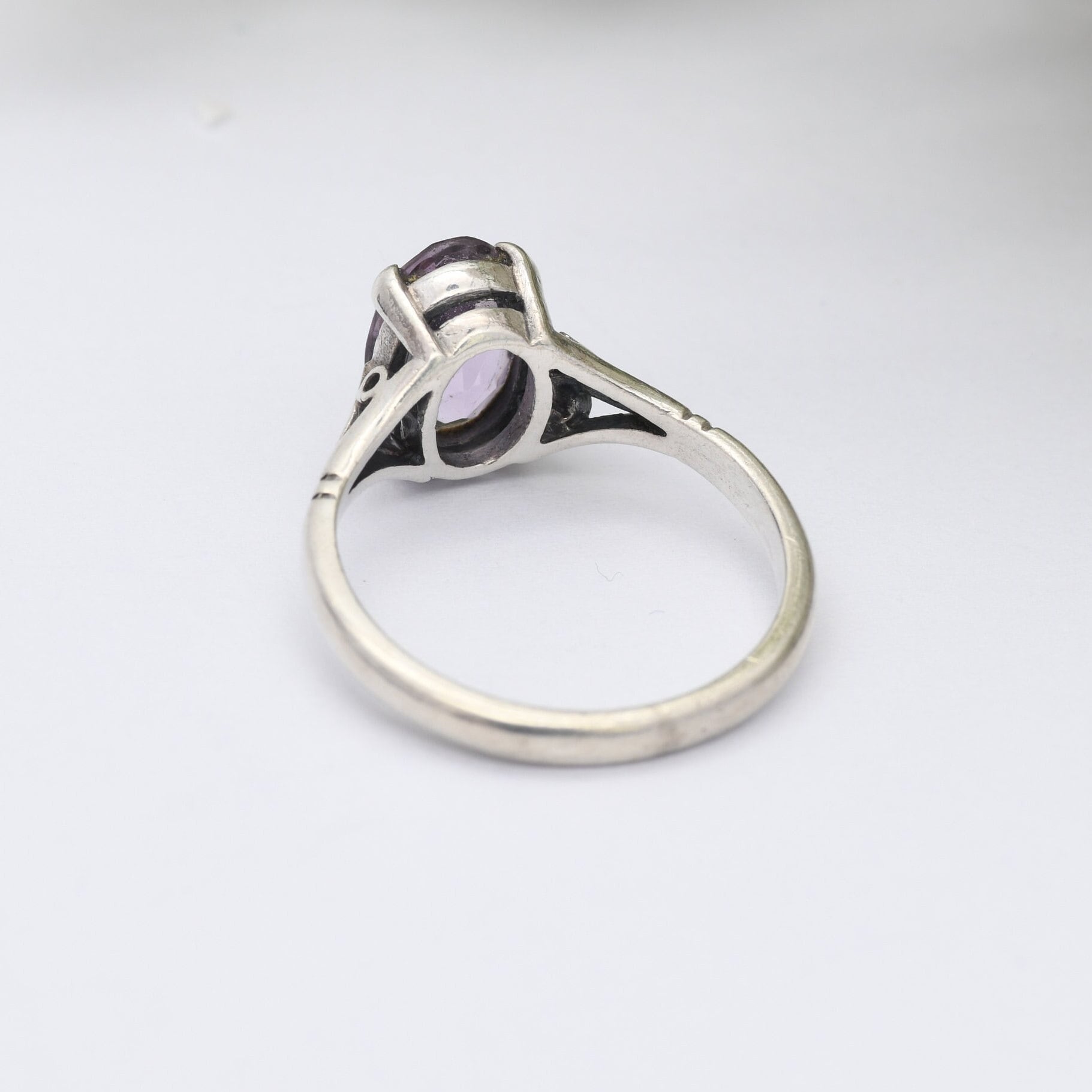 Vintage Sterling Silver Amethyst Ring - Dainty Solitaire | Large Purple Stone | UK Size - M 1/2 | US Size - 6 1/2