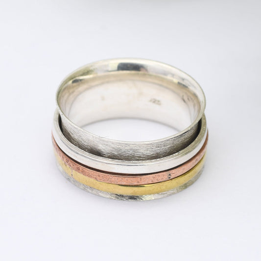 Vintage Sterling Silver Brass Copper Spinner Fidget Ring - Chunky Studio Design Band | Mixed Metals | UK Size - O | US Size - 7