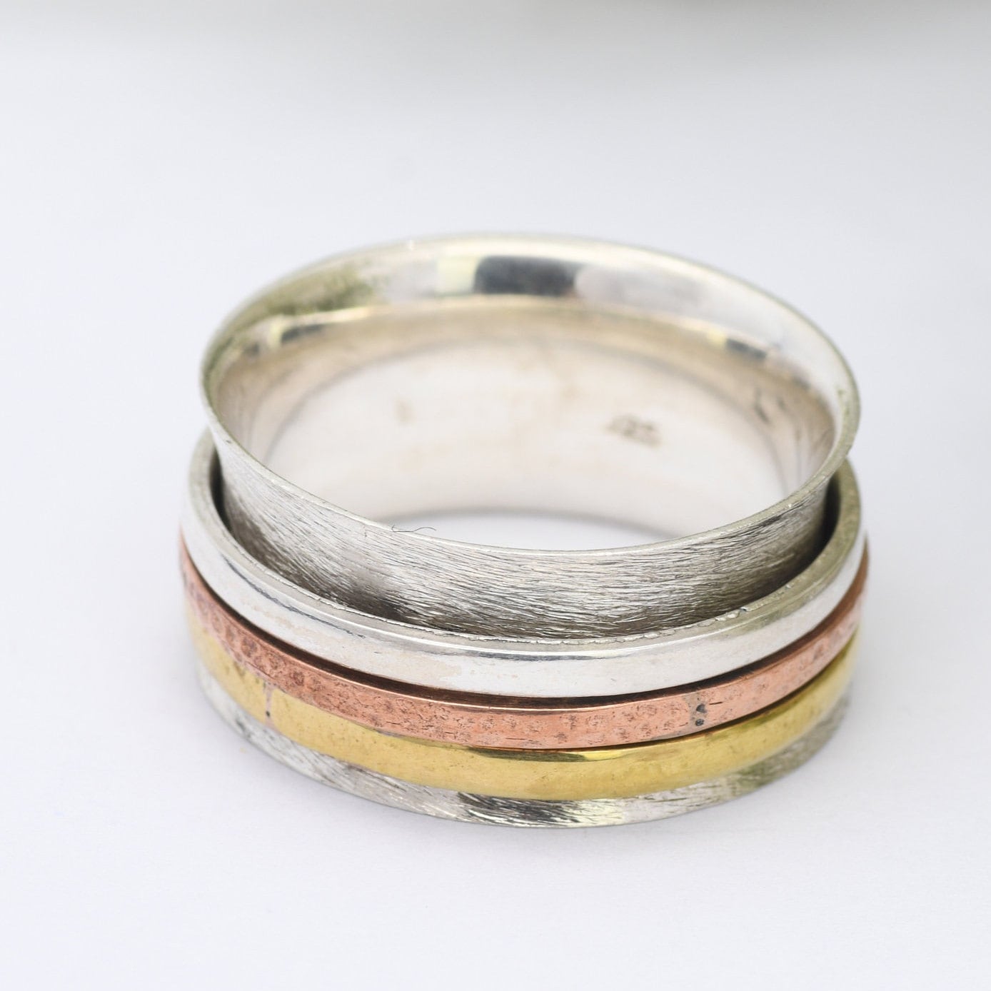 Vintage Sterling Silver Brass Copper Spinner Fidget Ring - Chunky Studio Design Band | Mixed Metals | UK Size - O | US Size - 7