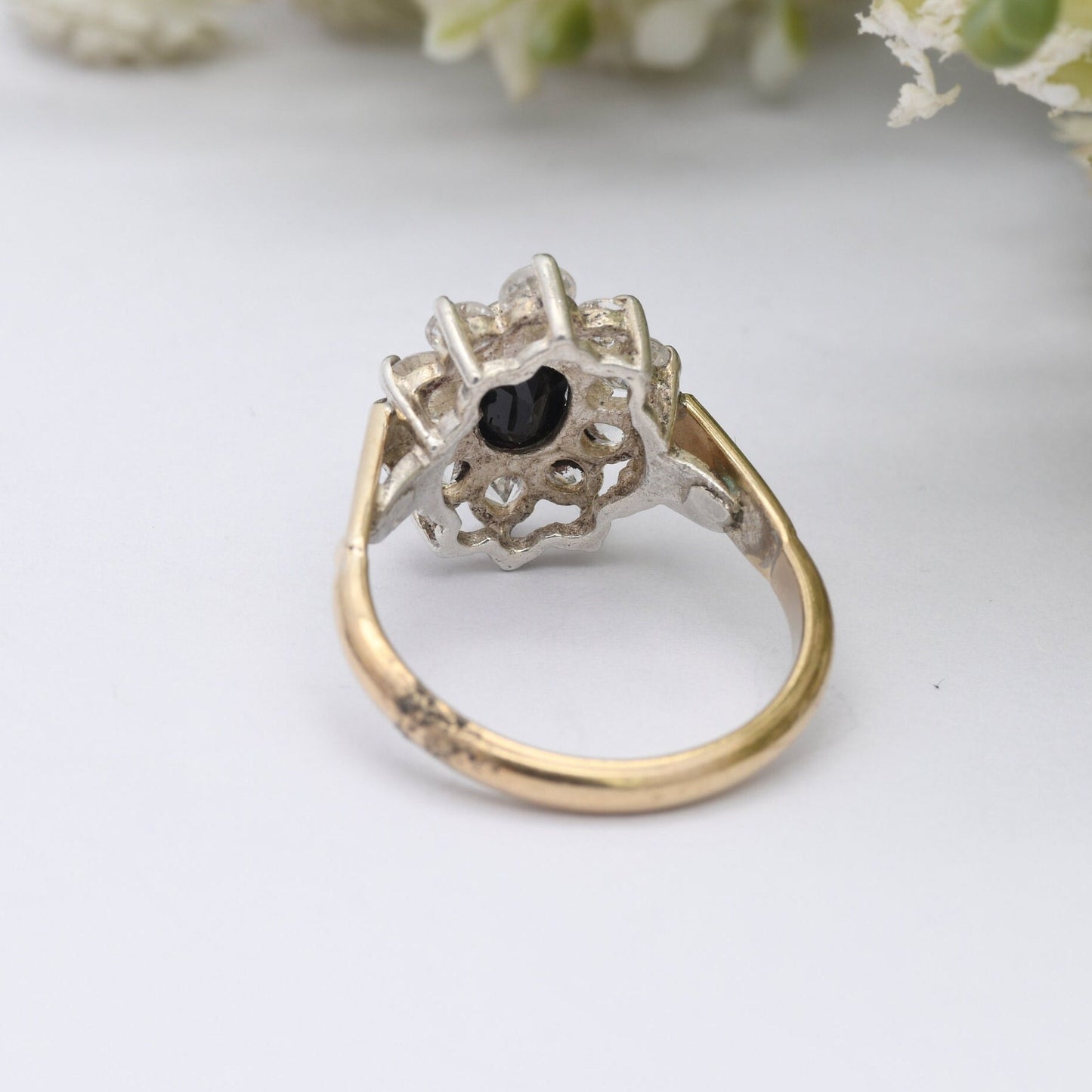 Vintage Sterling Silver Sapphire CZ Halo Flower Ring 1989 by Bracelon - Golsil Gold Plated Cocktail Ring | UK Size - L 1/2 | US Size - 6