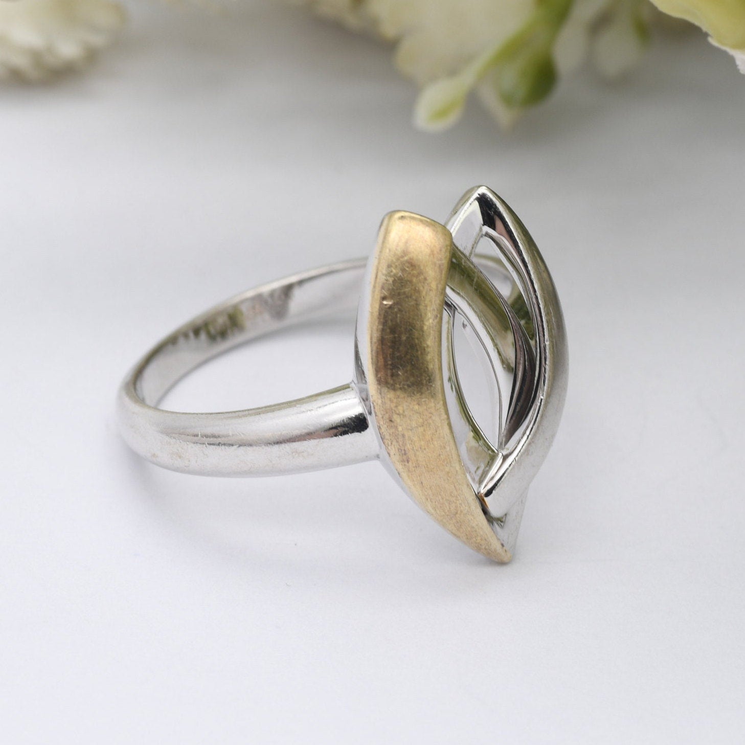 Two Tone Sterling Silver Ring with Gold Plating Nona - Pretty Sculptural Form Entwined | UK Size - O 1/2 | US Size - 7 1/4