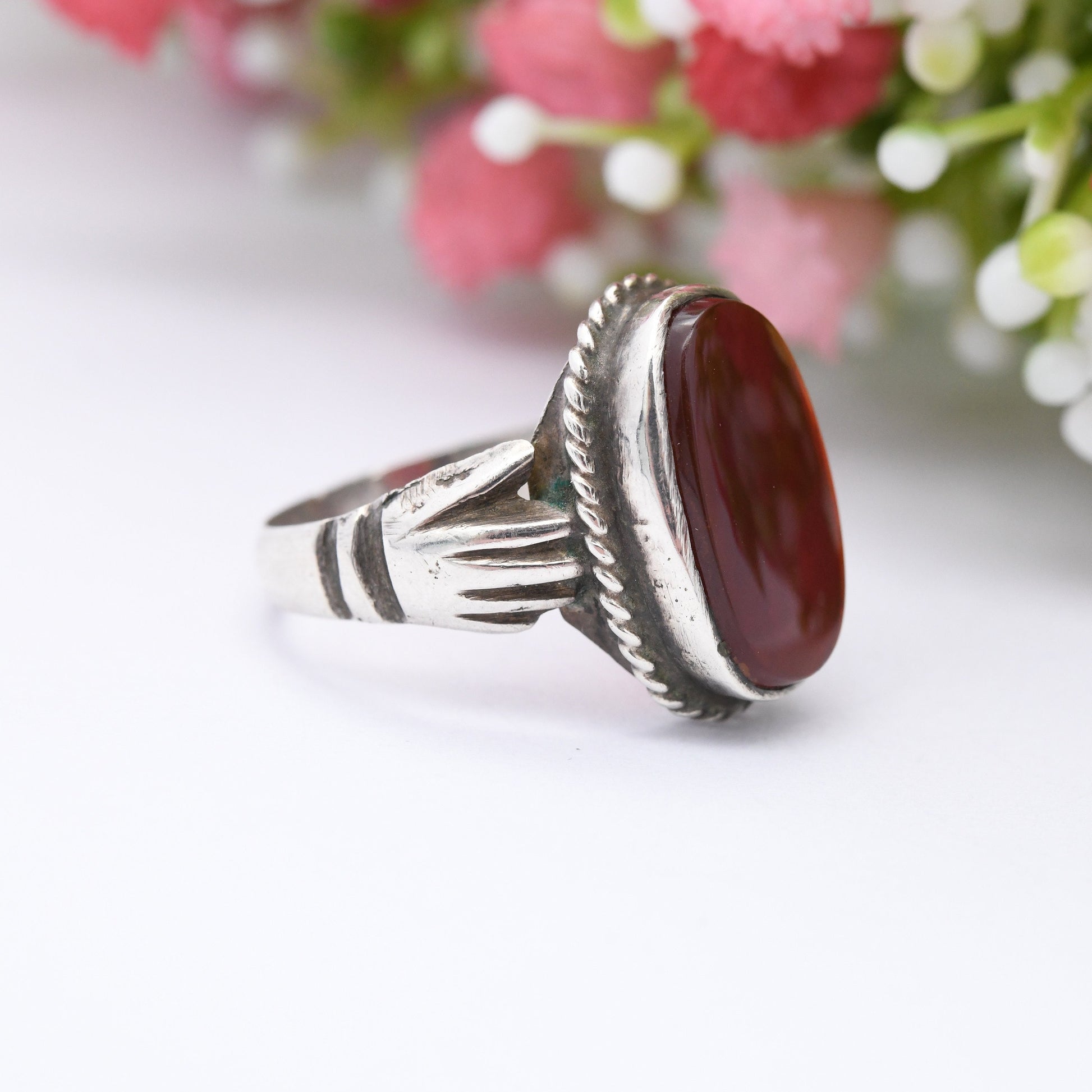 Vintage Silver Carnelian Ring with Hand Shoulders - Chunky Mid-Century Modernist | Red Stone Statement | UK Size - P | US Size - 7 1/2