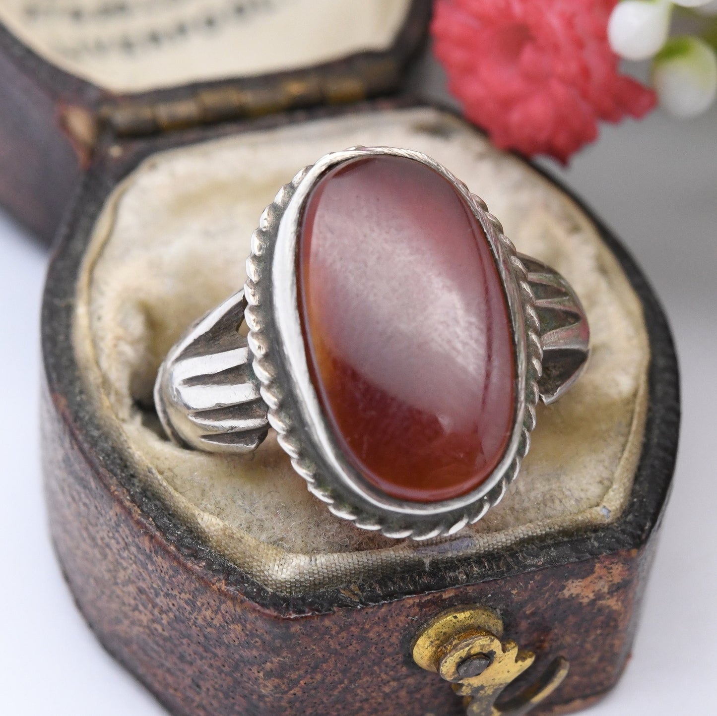 Vintage Silver Carnelian Ring with Hand Shoulders - Chunky Mid-Century Modernist | Red Stone Statement | UK Size - P | US Size - 7 1/2