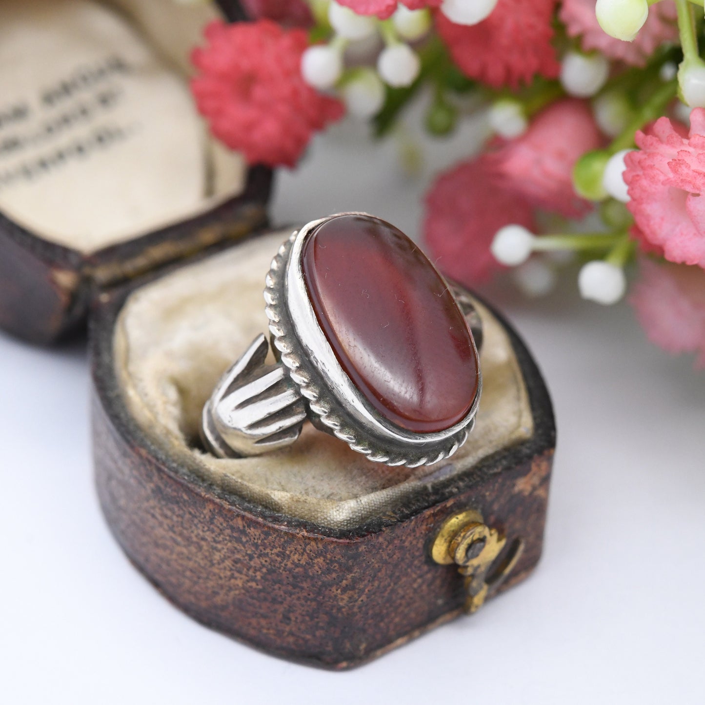 Vintage Silver Carnelian Ring with Hand Shoulders - Chunky Mid-Century Modernist | Red Stone Statement | UK Size - P | US Size - 7 1/2