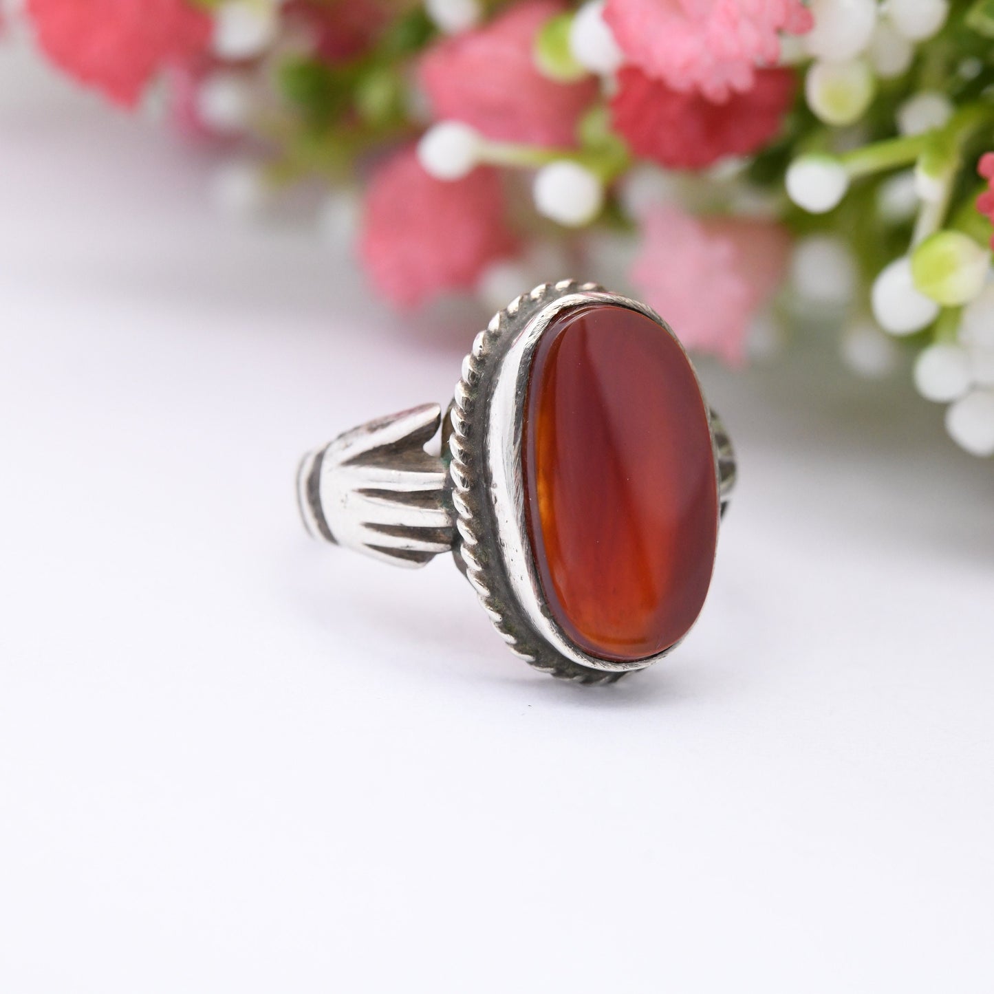 Vintage Silver Carnelian Ring with Hand Shoulders - Chunky Mid-Century Modernist | Red Stone Statement | UK Size - P | US Size - 7 1/2