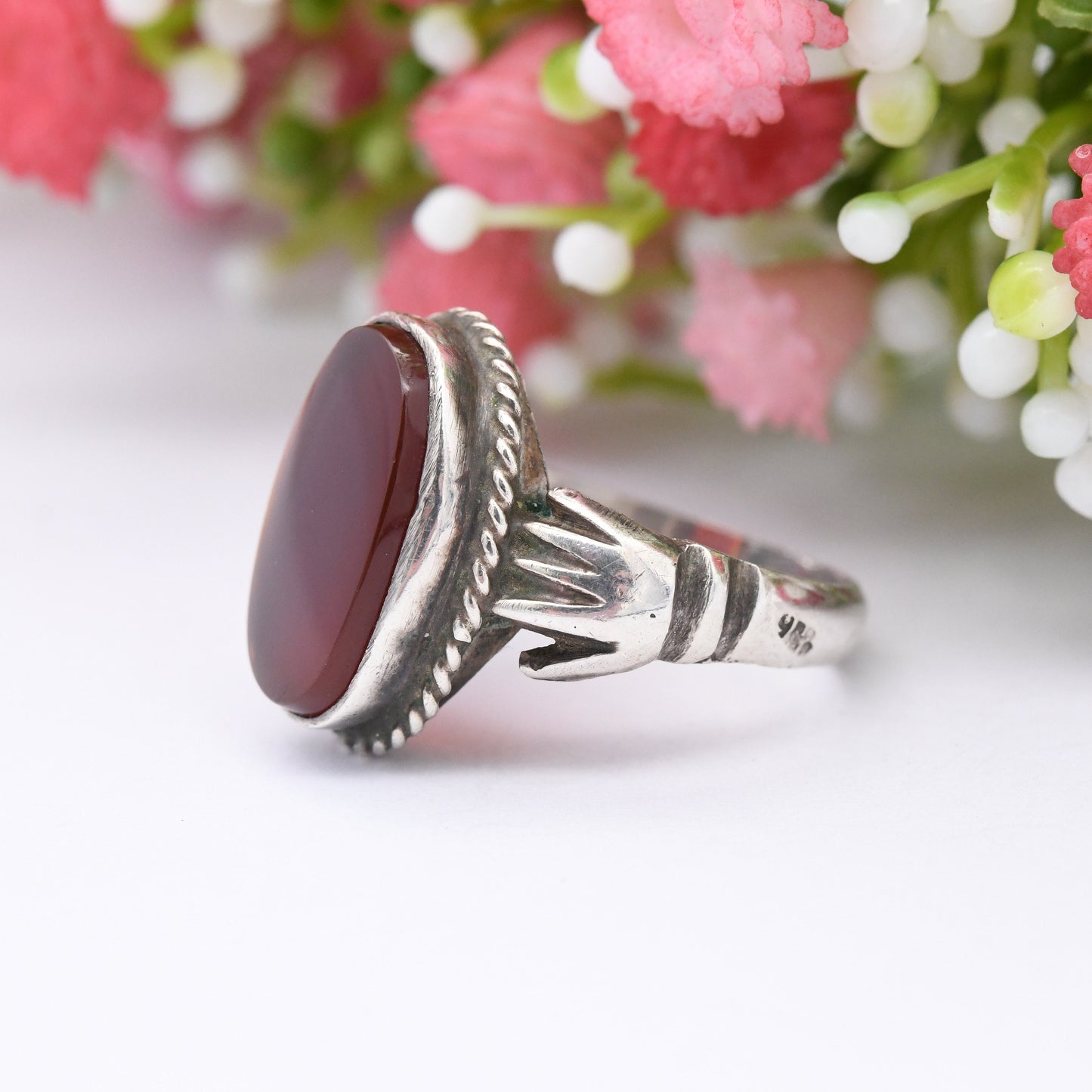 Vintage Silver Carnelian Ring with Hand Shoulders - Chunky Mid-Century Modernist | Red Stone Statement | UK Size - P | US Size - 7 1/2