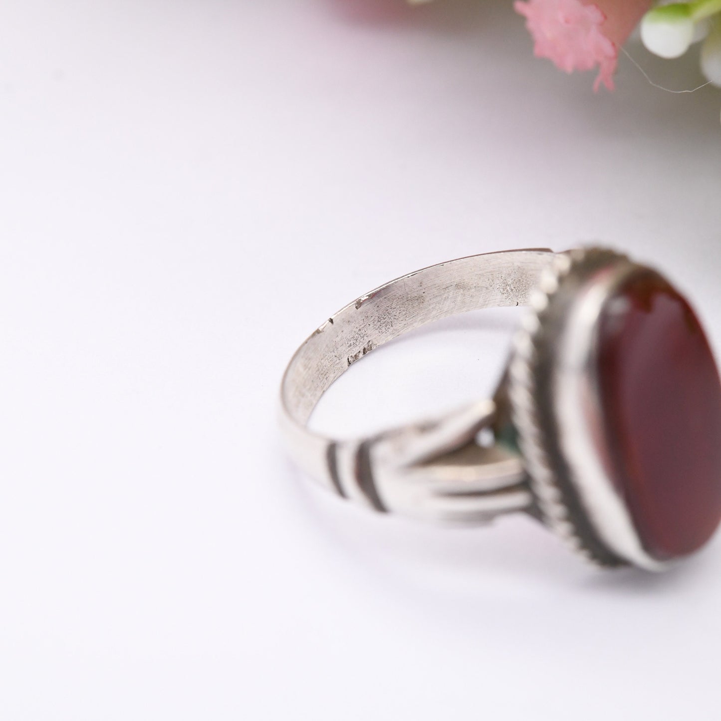 Vintage Silver Carnelian Ring with Hand Shoulders - Chunky Mid-Century Modernist | Red Stone Statement | UK Size - P | US Size - 7 1/2