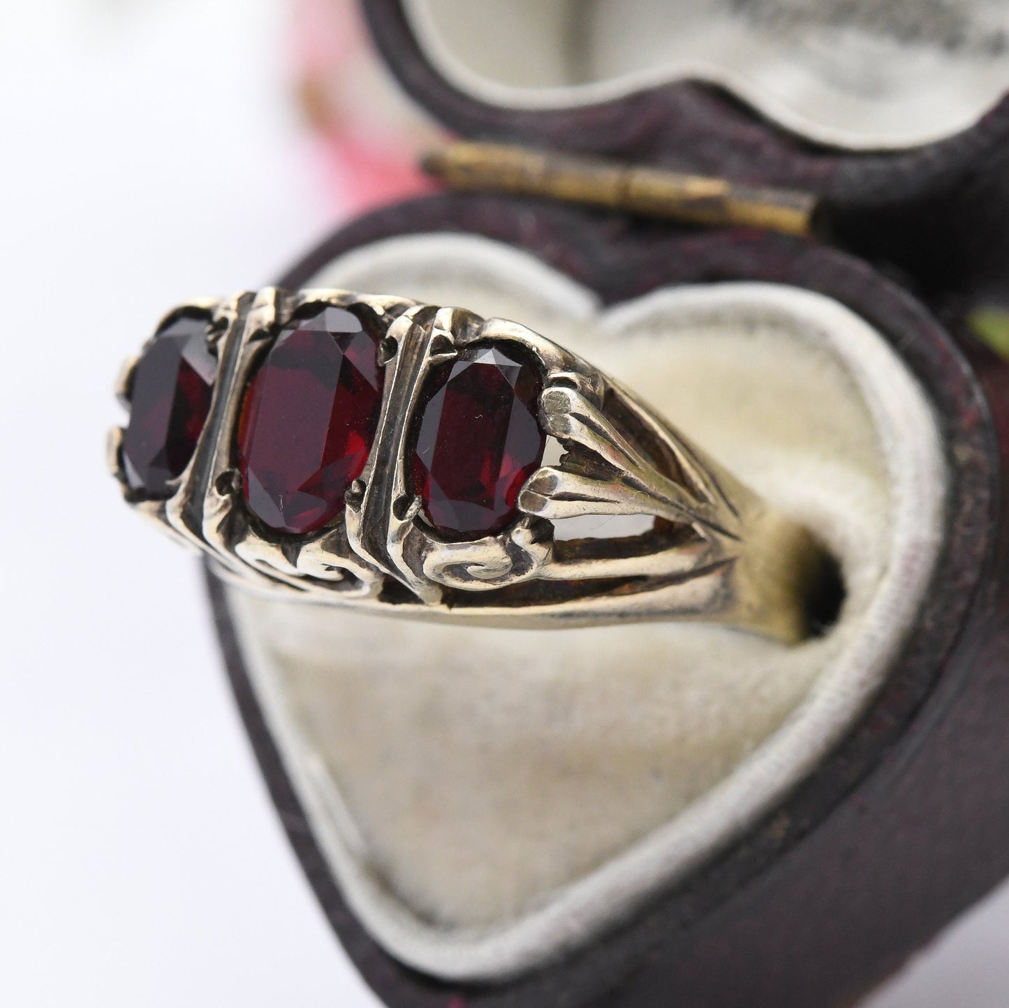 Vintage Sterling Silver Garnet Three Stone Ring - Mid-Century Victorian Revival | Gold Tone | UK Size - O | US Size - 7