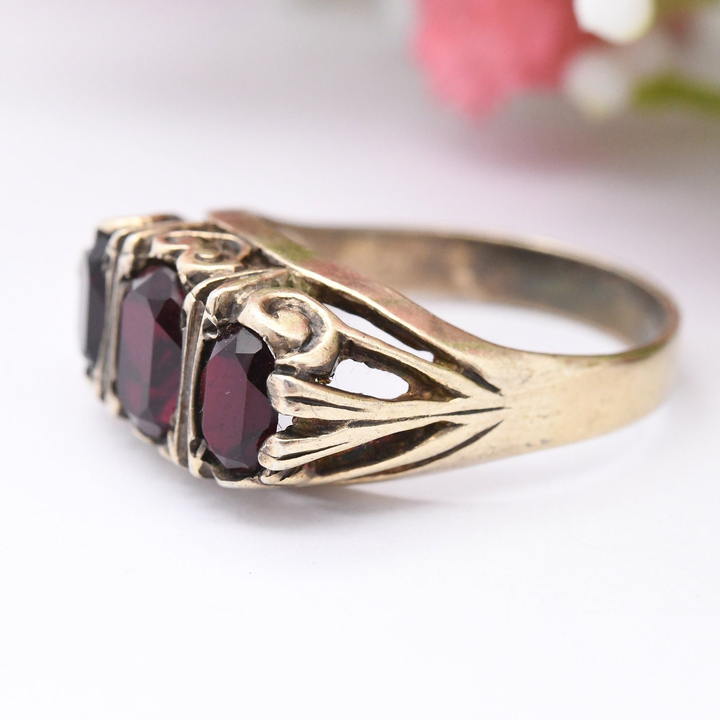 Vintage Sterling Silver Garnet Three Stone Ring - Mid-Century Victorian Revival | Gold Tone | UK Size - O | US Size - 7