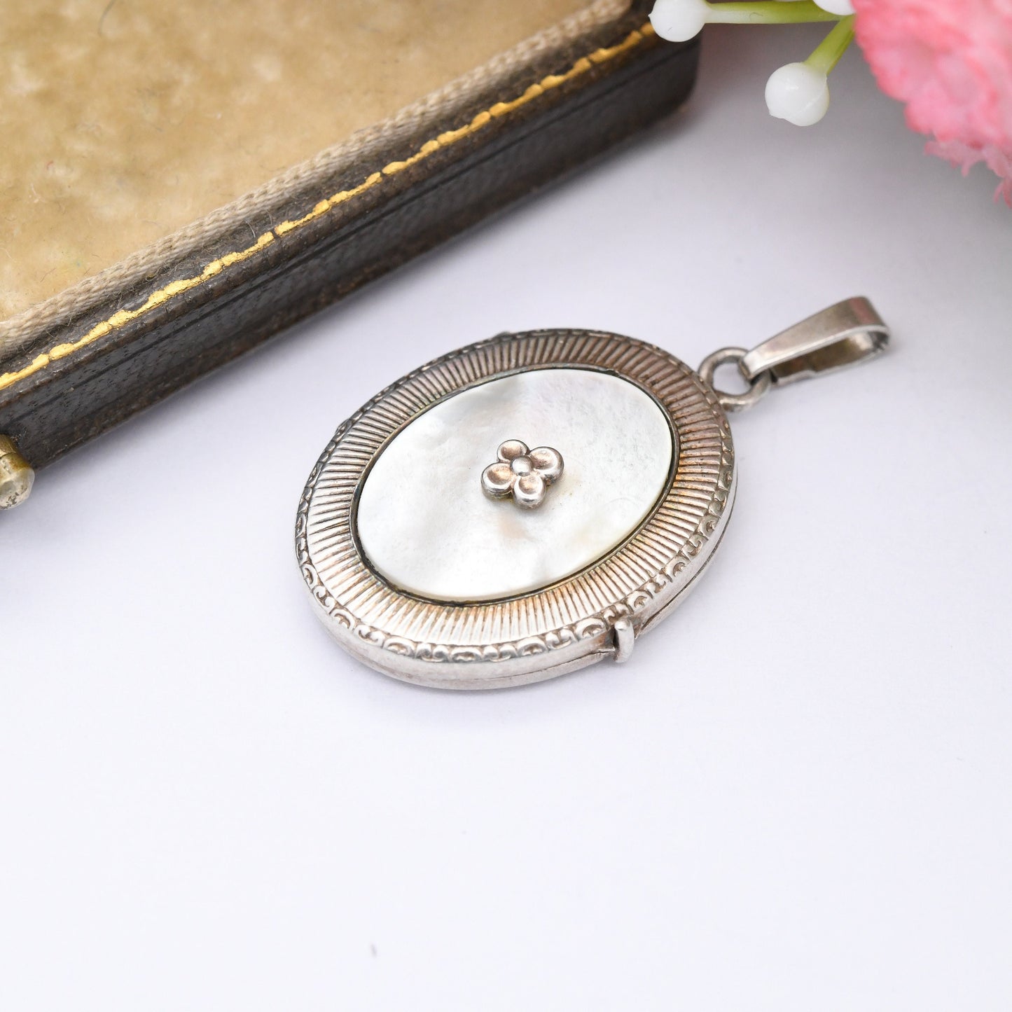 Vintage Andreas Daub Sterling Silver Locket Pendant with Mother of Pearl Flower Front A*D - Pretty Little Silver Locket Gift