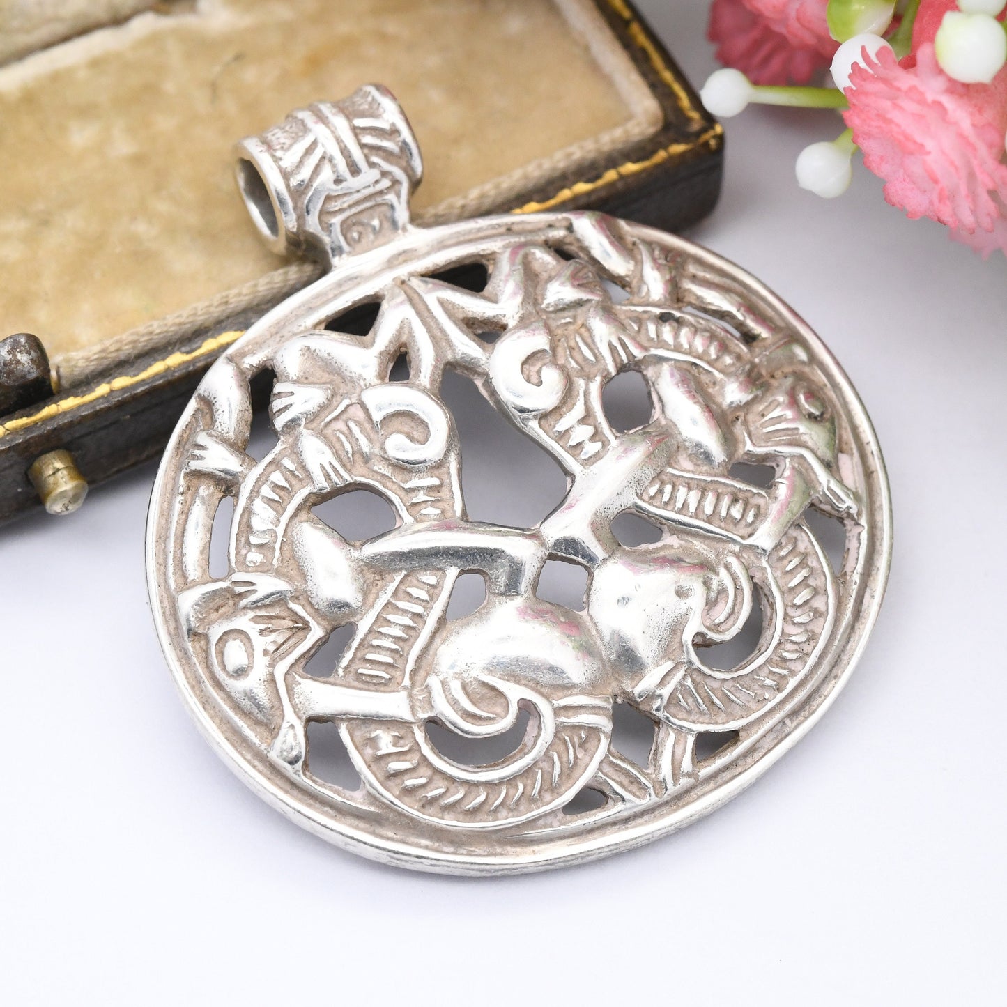 Vintage Sterling Silver Celtic Pendant - Viking Jewellery | Sea Dragon | Large Statement Pendant Necklace