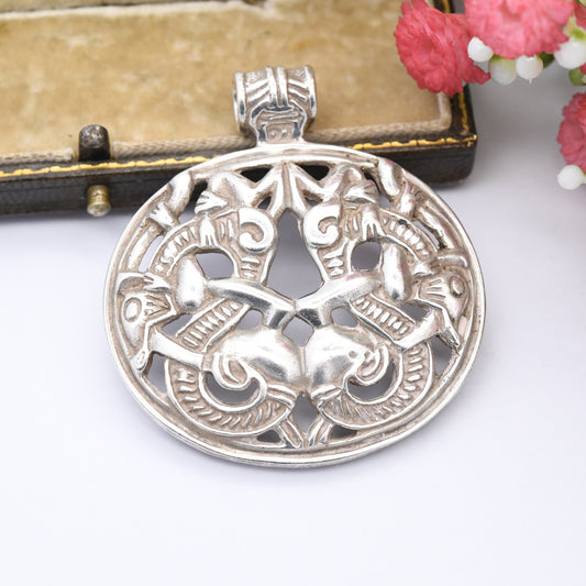 Vintage Sterling Silver Celtic Pendant - Viking Jewellery | Sea Dragon | Large Statement Pendant Necklace