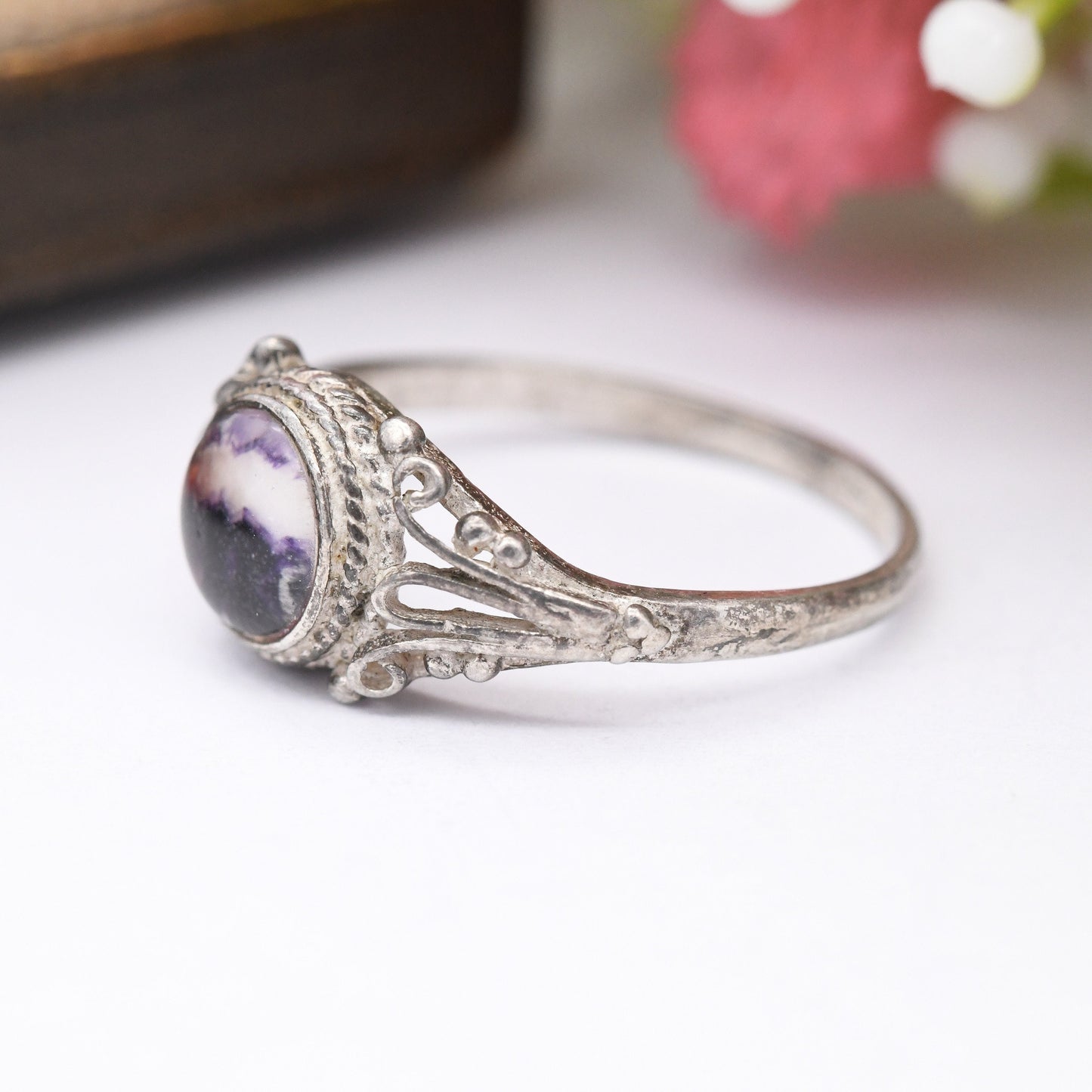 Vintage Sterling Silver Blue John Ring - Ornate Shoulders | UK Size - L 1/2 | US Size - 6