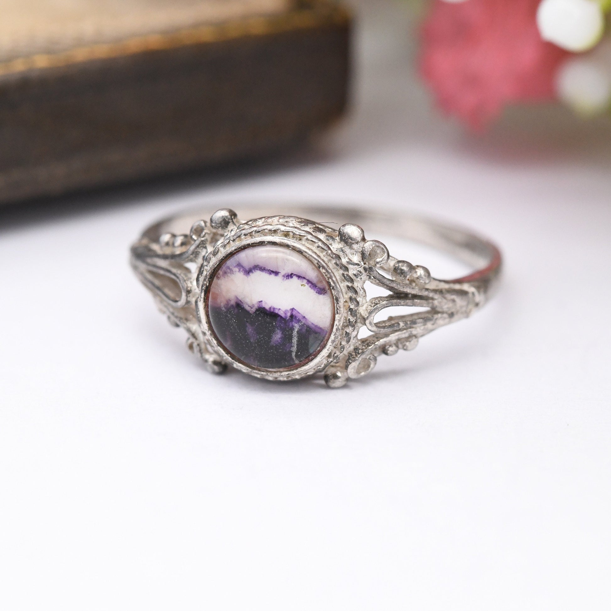 Vintage Sterling Silver Blue John Ring - Ornate Shoulders | UK Size - L 1/2 | US Size - 6