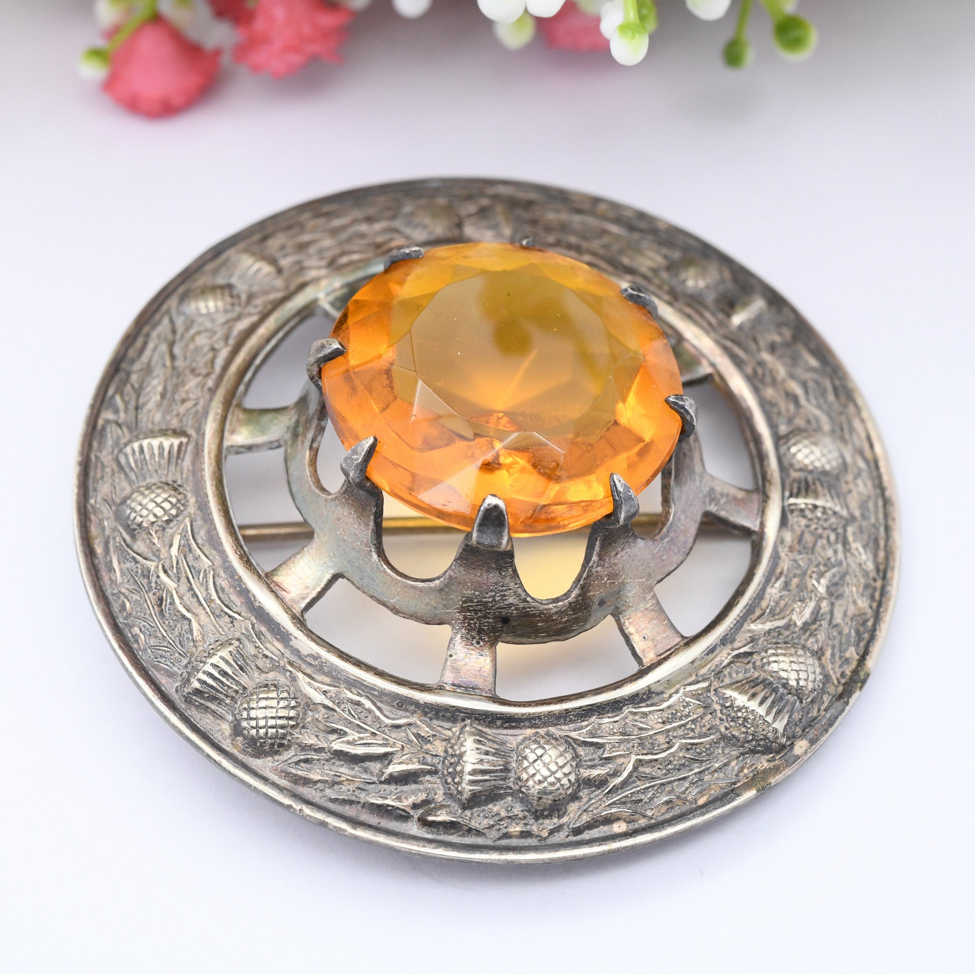 Vintage Scottish Thistle Brooch - Oversized Celtic Circle with Large Citrine Paste | Statement Jewellery | Silver Tone