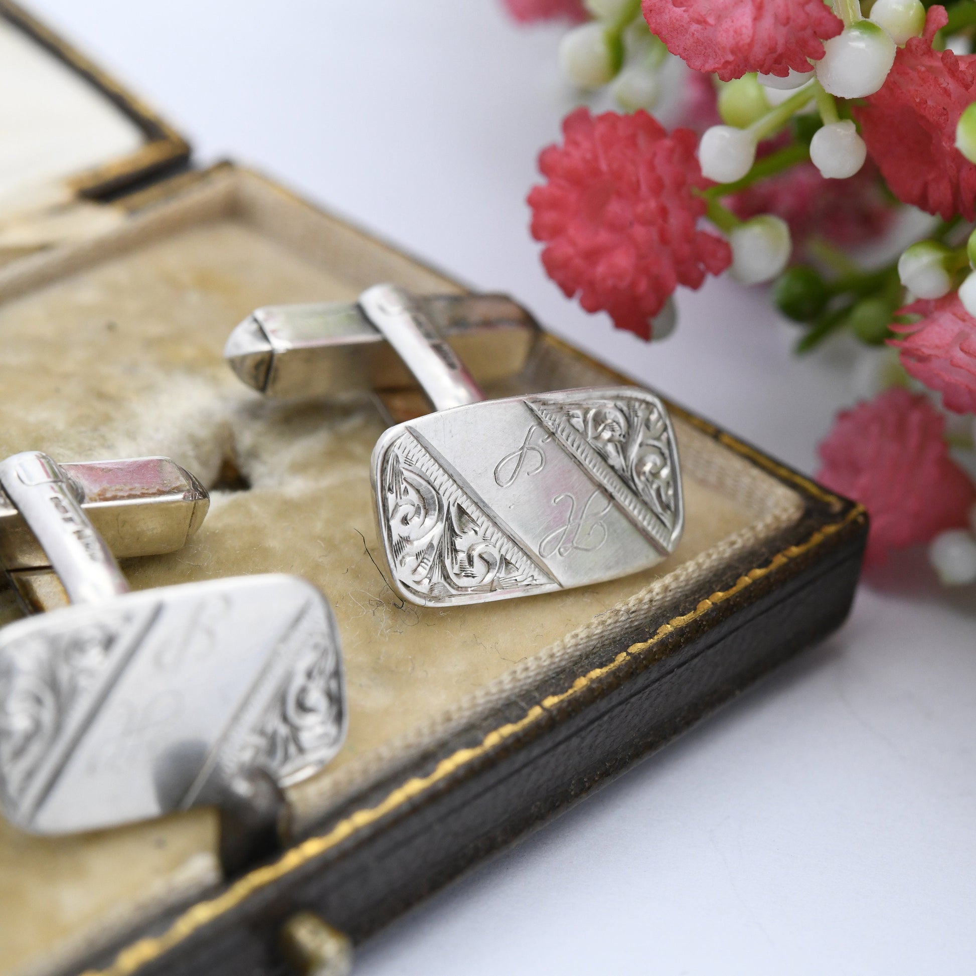 Vintage Sterling Silver Cufflinks with Engraved Scrolling 1984 - Mid-Century Textured Silver | Antique Style