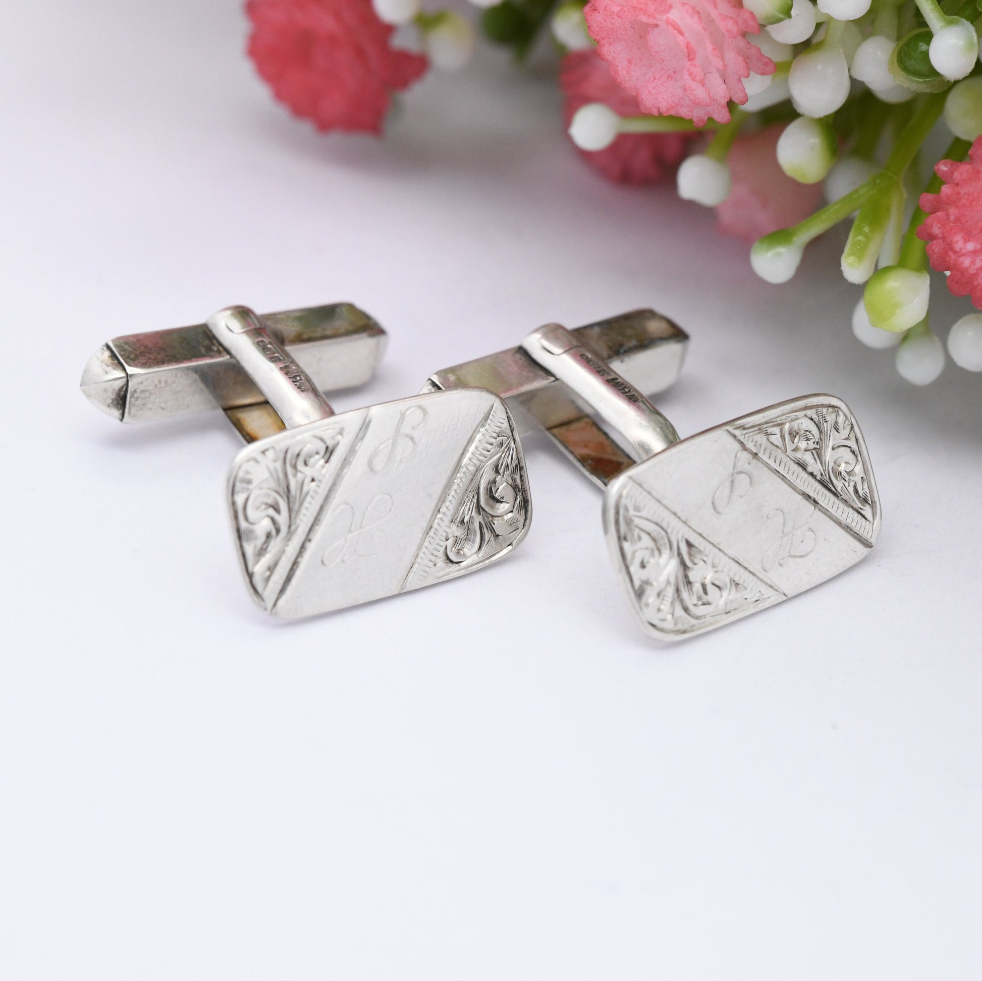 Vintage Sterling Silver Cufflinks with Engraved Scrolling 1984 - Mid-Century Textured Silver | Antique Style