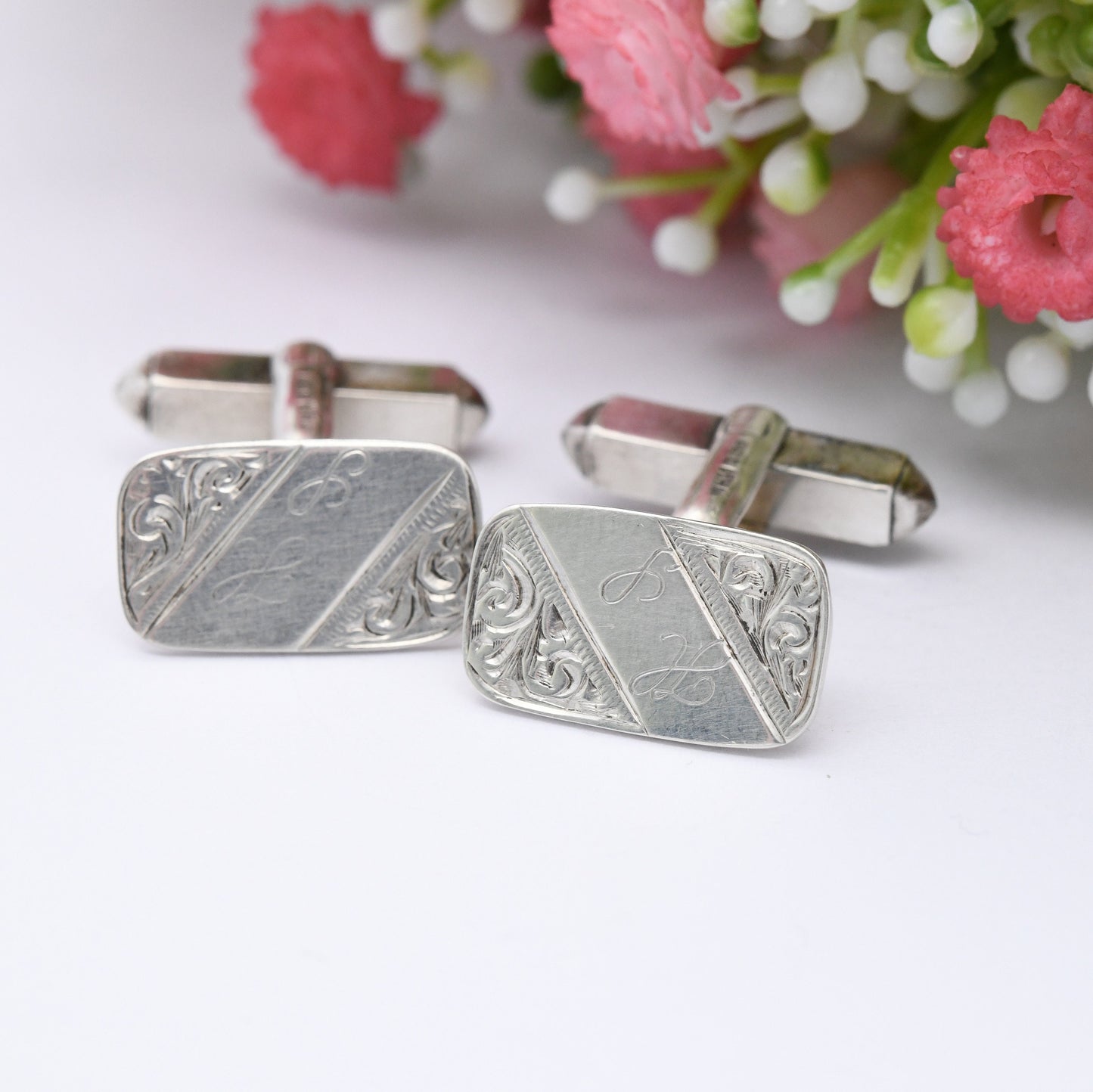 Vintage Sterling Silver Cufflinks with Engraved Scrolling 1984 - Mid-Century Textured Silver | Antique Style