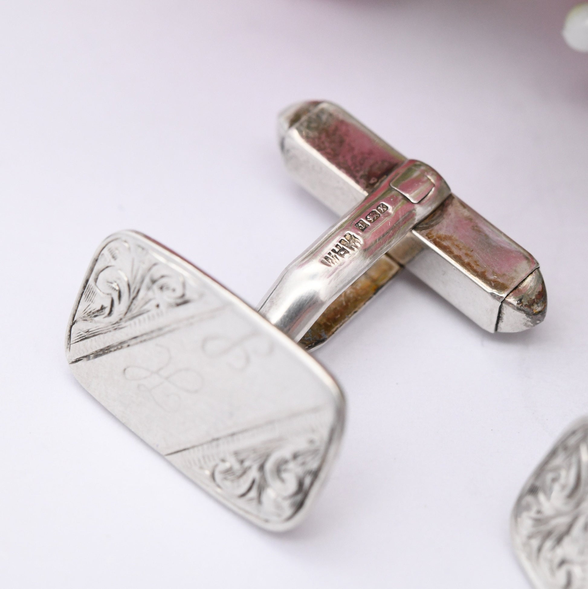 Vintage Sterling Silver Cufflinks with Engraved Scrolling 1984 - Mid-Century Textured Silver | Antique Style