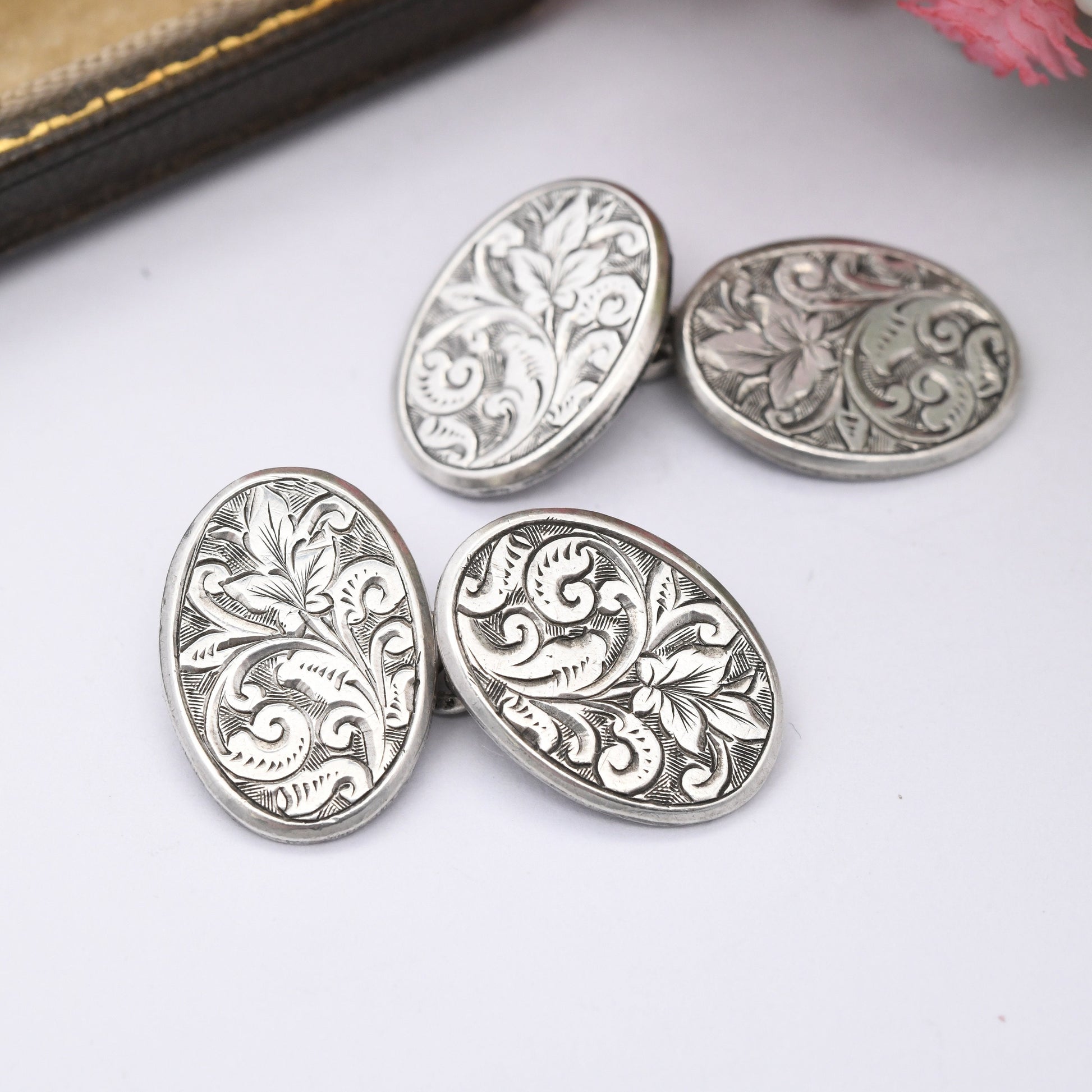 Antique Victorian Sterling Silver Cufflinks 1893 - Victorian Aesthetic Movement Scrolling with Floral Leaf