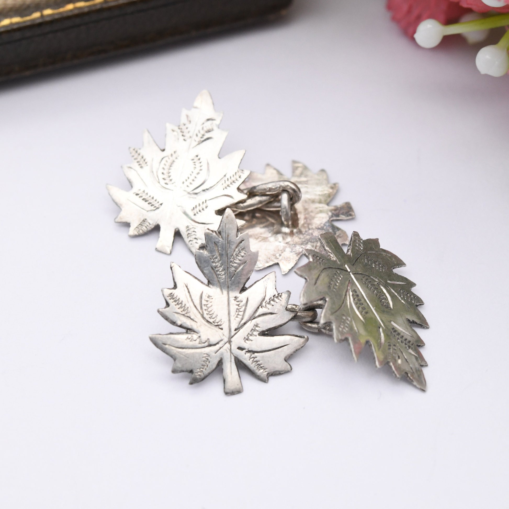 Vintage Sterling Silver Engraved Leaf Cufflinks - Mid-Century Textured Silver Leaves