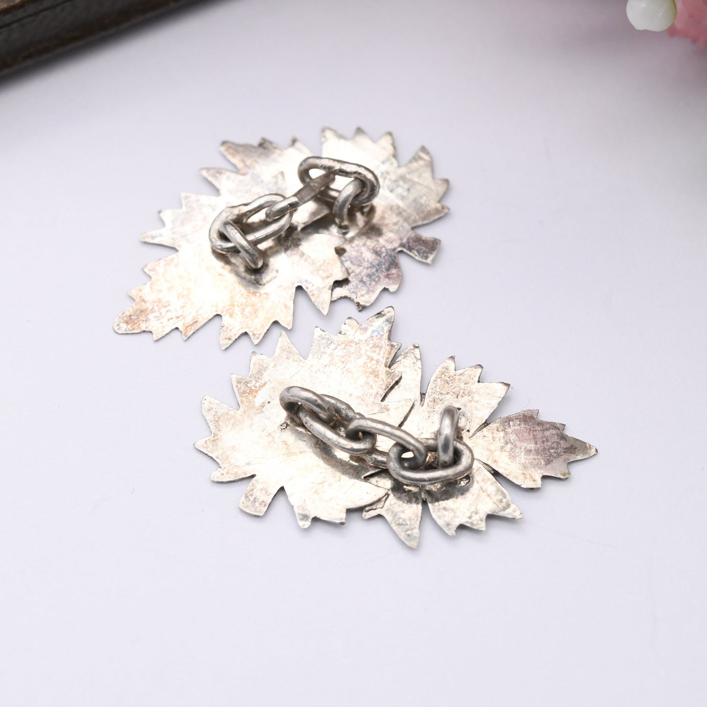 Vintage Sterling Silver Engraved Leaf Cufflinks - Mid-Century Textured Silver Leaves