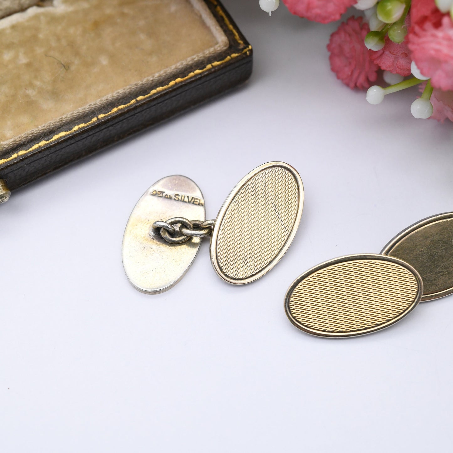 Vintage Gold Plated Sterling Silver Cufflinks - 9ct Gold on Silver | Mid-Century Textured | Oval Shape